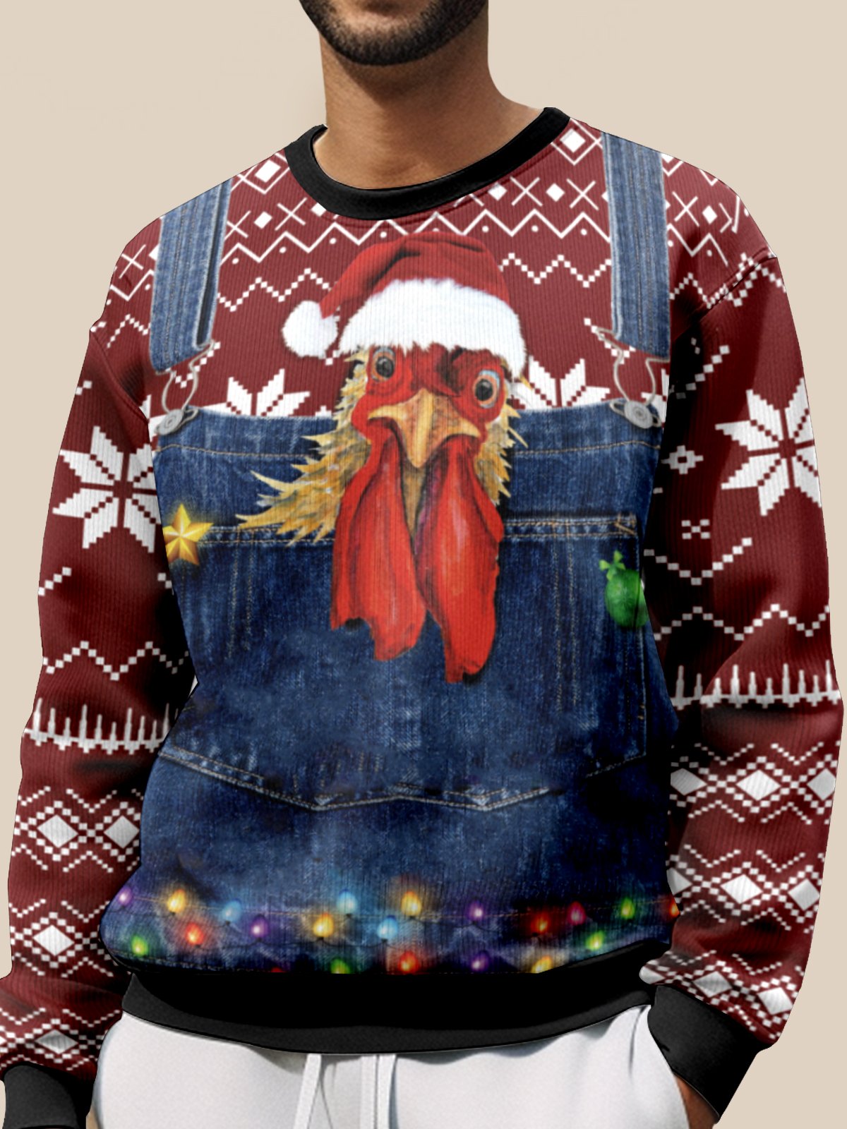 JoyMitty Men's Rooster Ugly Christmas Sweater Print Beach Pullover Sweatshirts