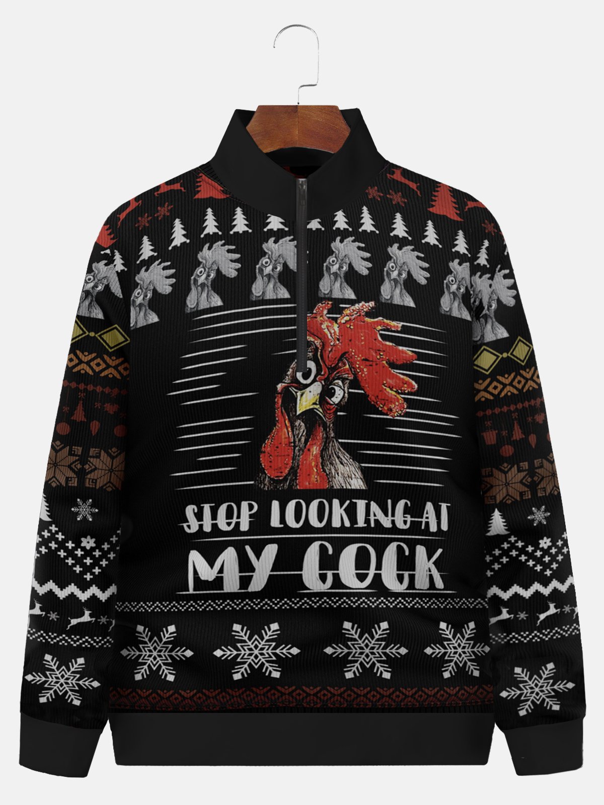 JoyMitty Men's Rooster Ugly Christmas Sweater Print Festive Style Half Zipper