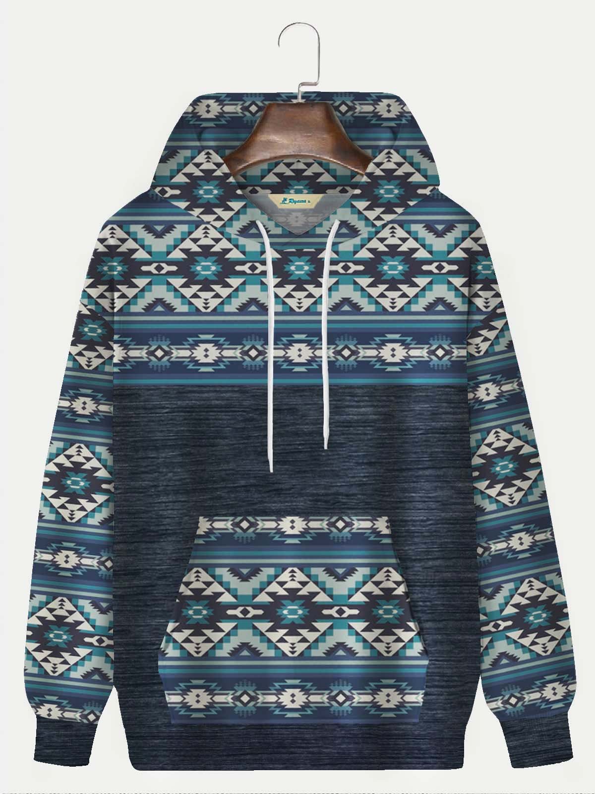 JoyMitty Outdoor Nomad Aztec Geometric Blue Men's Drawstring Hoodies Art Patchwork Stretch Plus Size Pullover Sweatshirts