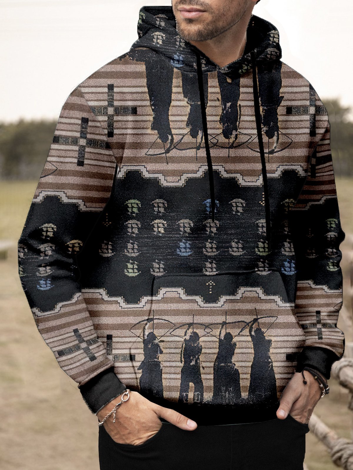 JoyMitty Men's Aztec Print Art Festive Hooded Oversized Sweatshirt