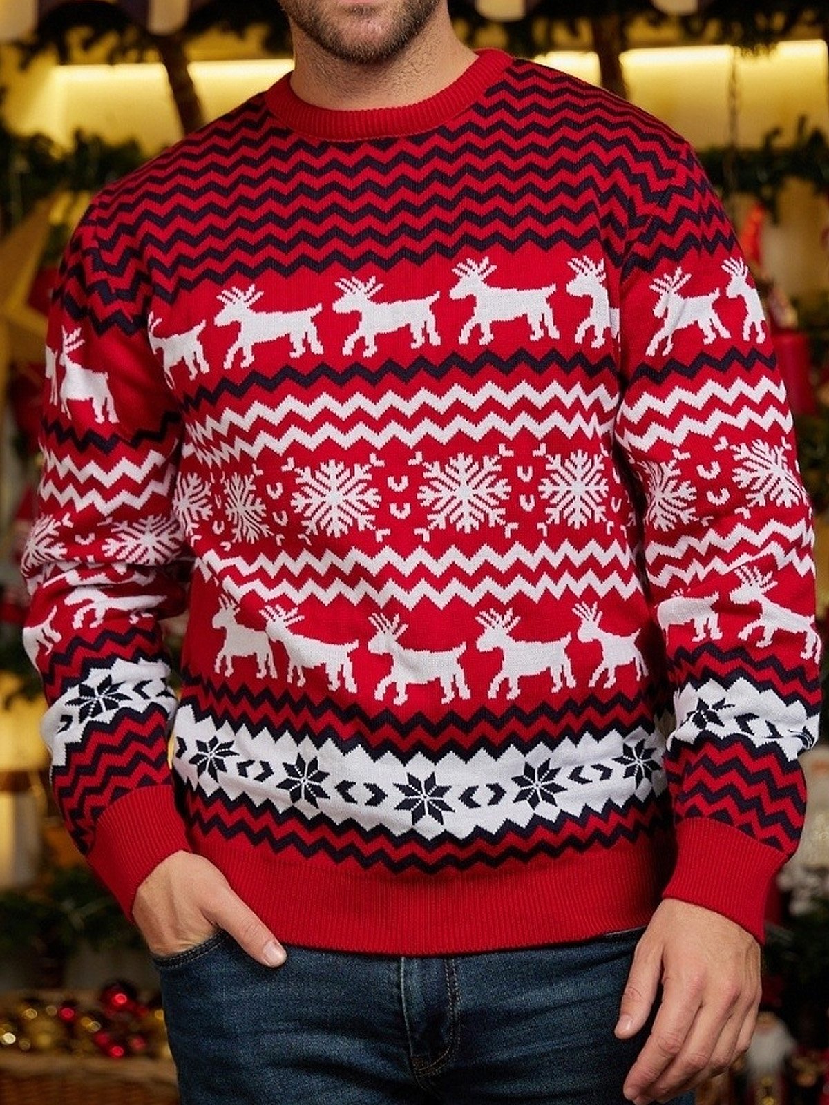 JoyMitty Men's Christmas Sika Deer Jacquard Warm Sweater