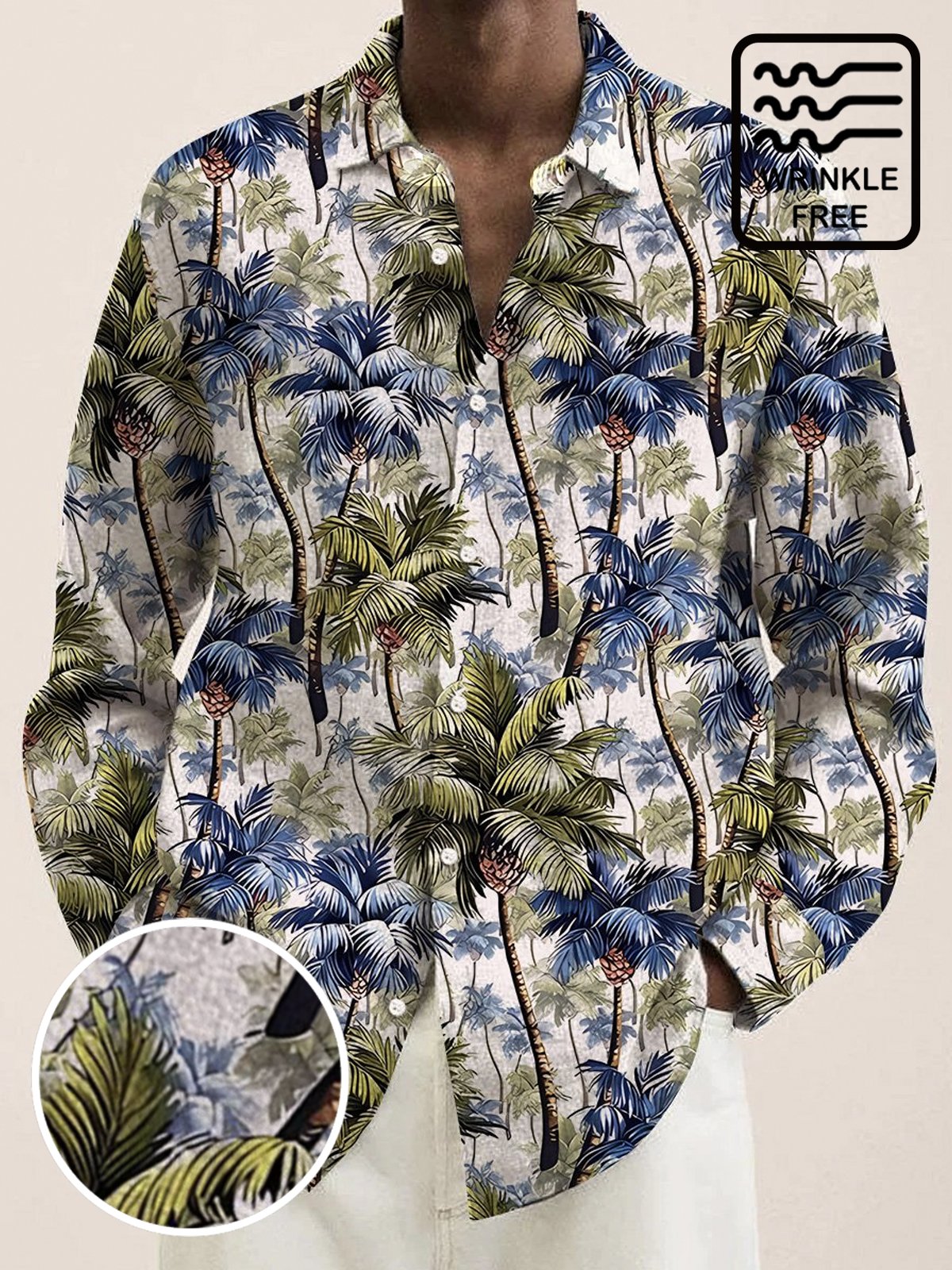 JoyMitty Vintage Art Floral Men's Long Sleeve Shirts Coconut Palm Tree Stretch Oversized Aloha Camp Button Shirts