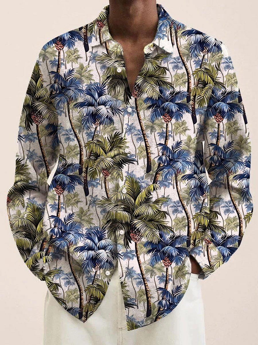 JoyMitty Vintage Art Floral Men's Long Sleeve Shirts Coconut Palm Tree Stretch Oversized Aloha Camp Button Shirts