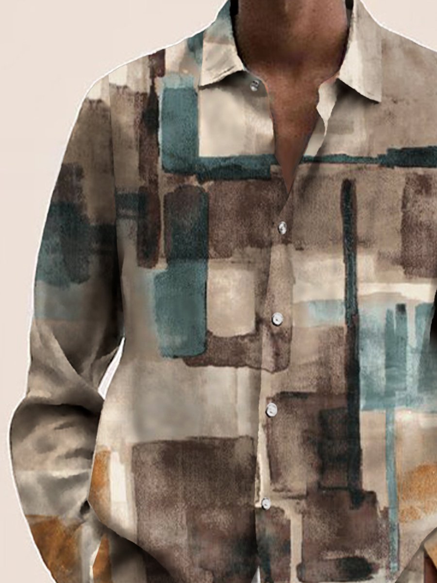 JoyMitty 50's Retro Mid-Century Geometric Khaki Men's Long Sleeve Shirt Stretch Oversized Aloha Camp Button Shirts