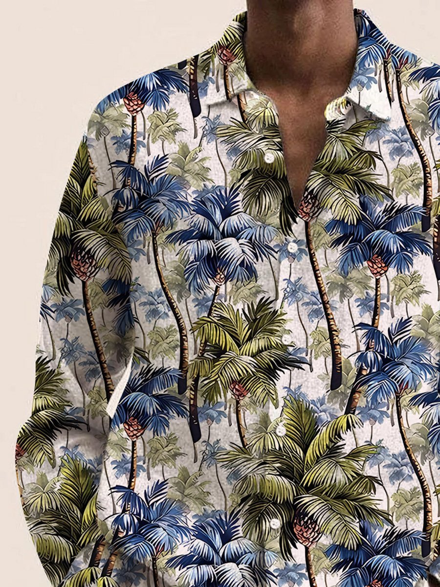JoyMitty Vintage Art Floral Men's Long Sleeve Shirts Coconut Palm Tree Stretch Oversized Aloha Camp Button Shirts