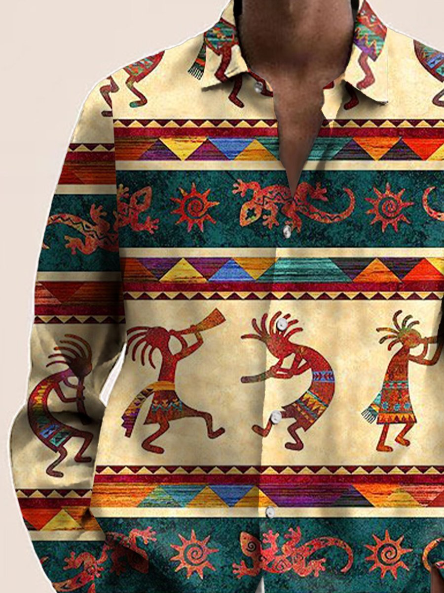 JoyMitty 50's Vintage Aztec Ethnic Totem Men's Long Sleeve Shirts Stretch Oversized Aloha Camp Button Shirts