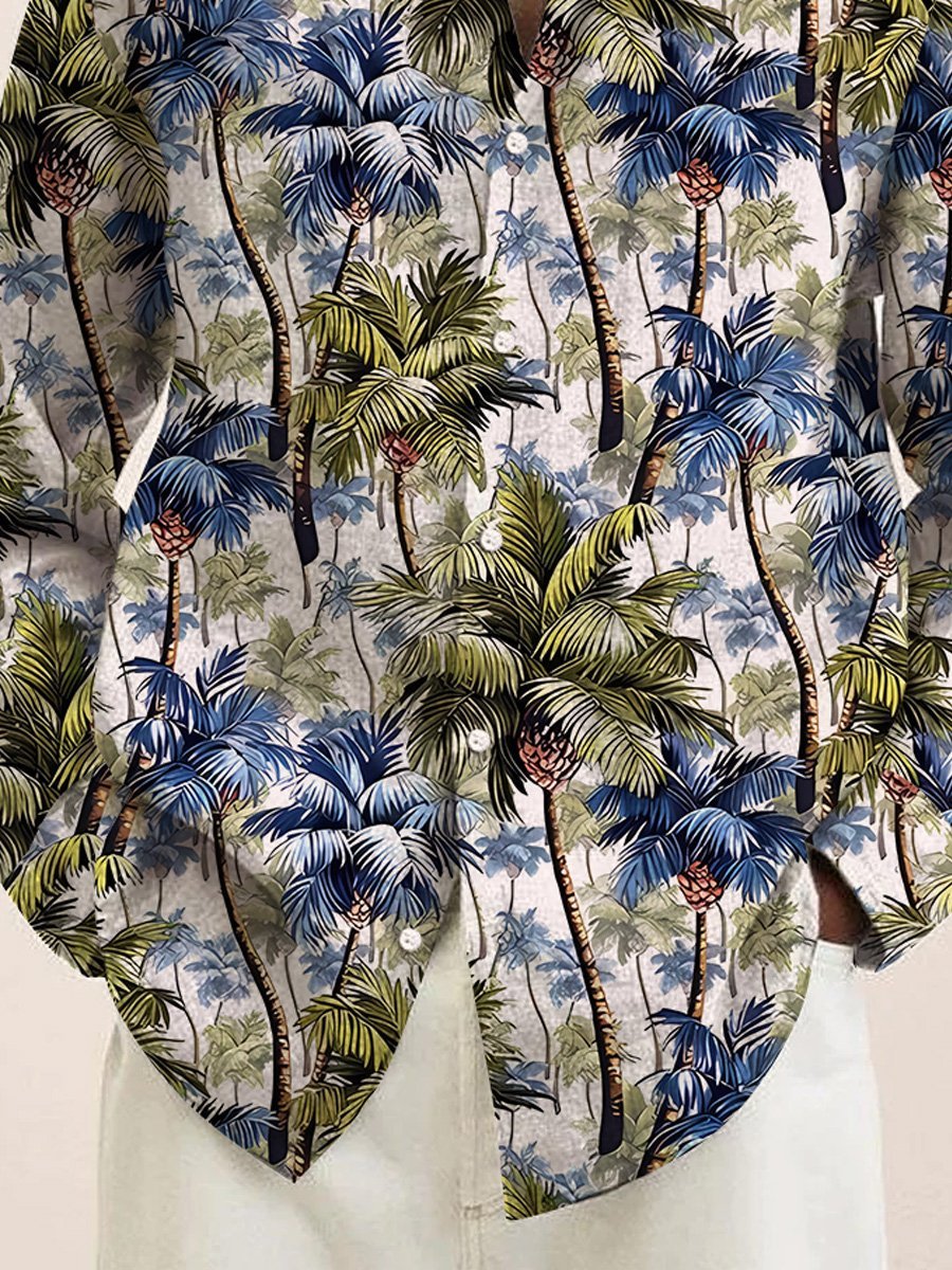 JoyMitty Vintage Art Floral Men's Long Sleeve Shirts Coconut Palm Tree Stretch Oversized Aloha Camp Button Shirts