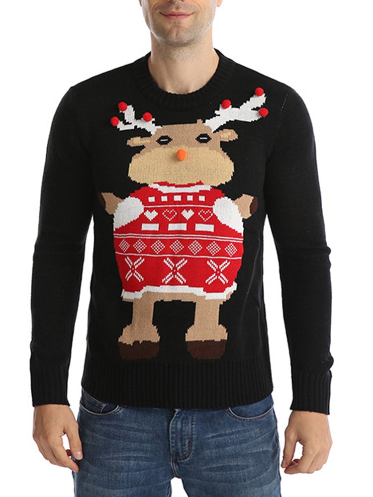 Men's Christmas Warm Sweater Fashion Christmas Print Reindeer Crew Neck Casual Long Sleeve Sweater