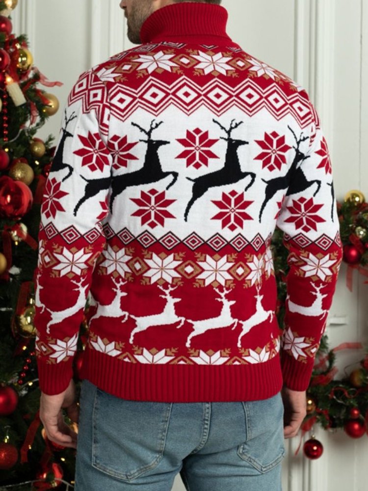 Men's Christmas Elk Jacquard Long Sleeve Turtleneck Sweater