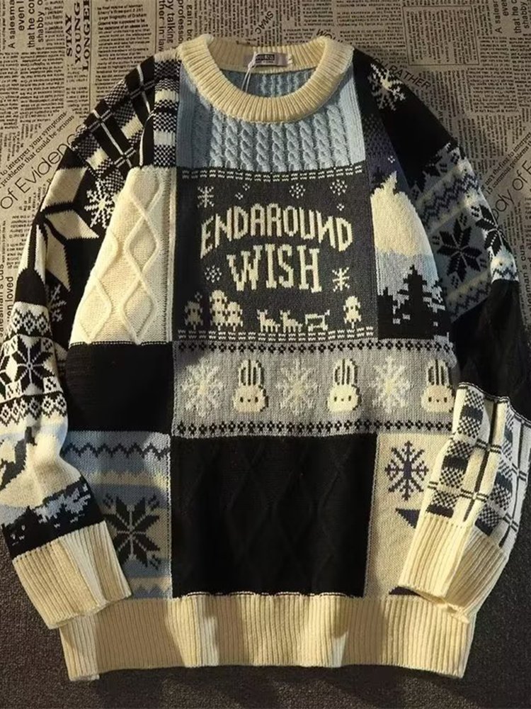 Men's retro twist Christmas patchwork sweater sweater winter loose ins lazy wind oversize coat