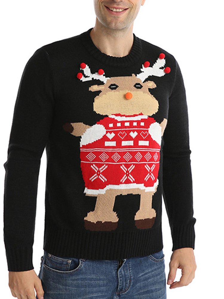 Men's Christmas Warm Sweater Fashion Christmas Print Reindeer Crew Neck Casual Long Sleeve Sweater