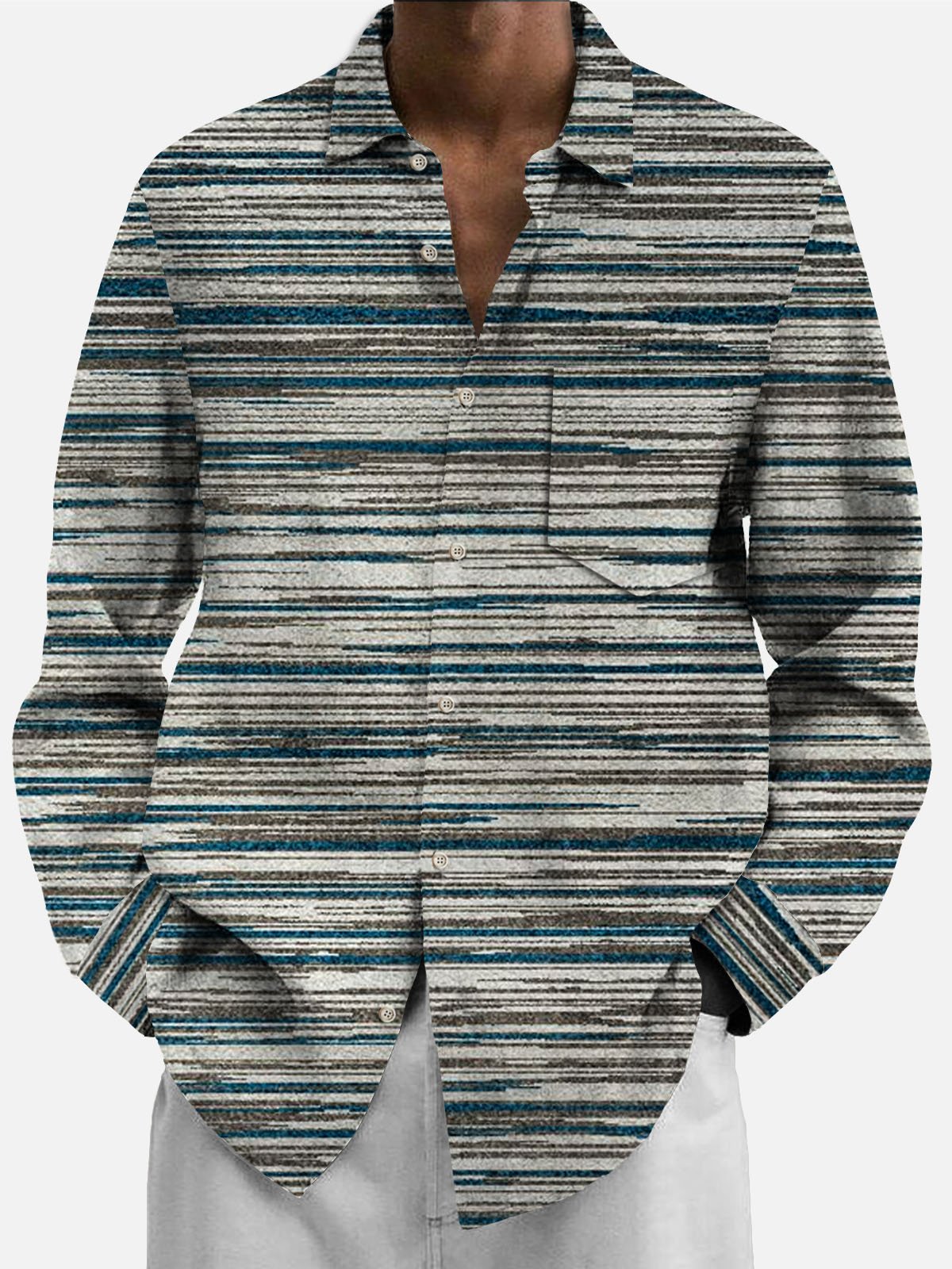 JoyMitty Vintage Casual Men's Long Sleeve Stripe Shirts Stretch Wrinkle Free Seersucker Aloha Camp Pocket Button Shirts