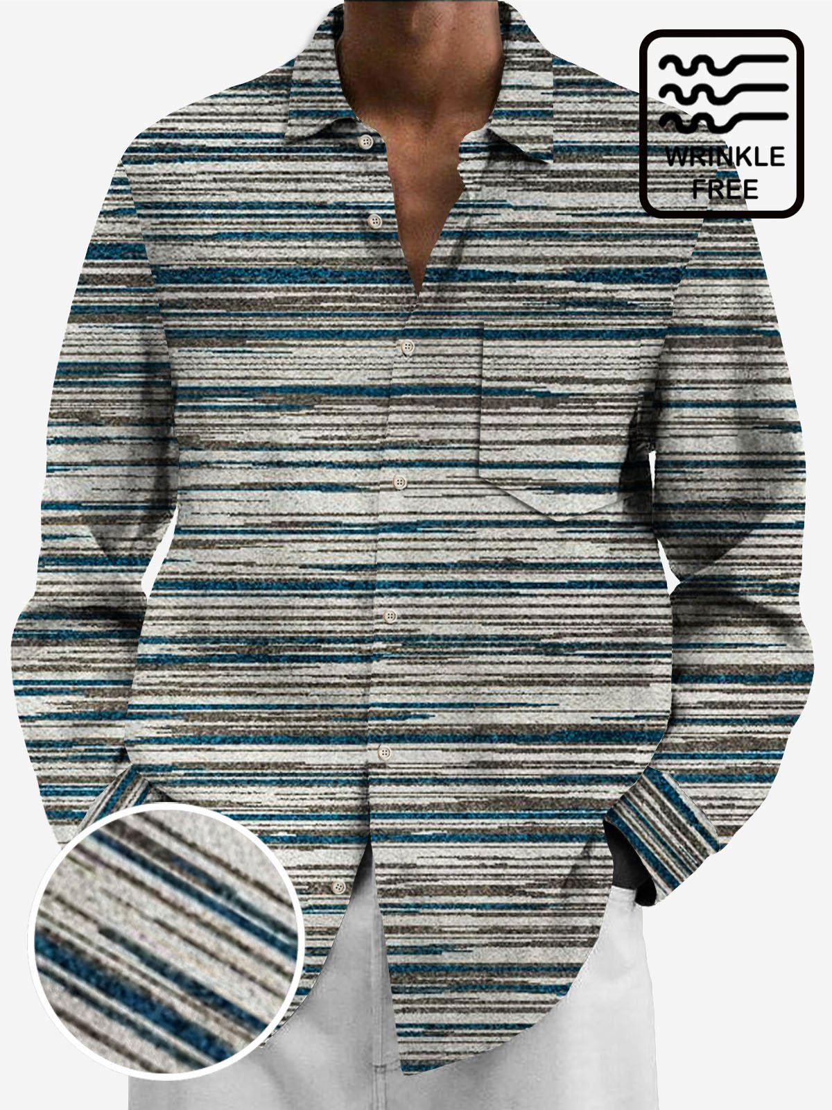 JoyMitty Vintage Casual Men's Long Sleeve Stripe Shirts Stretch Wrinkle Free Seersucker Aloha Camp Pocket Button Shirts