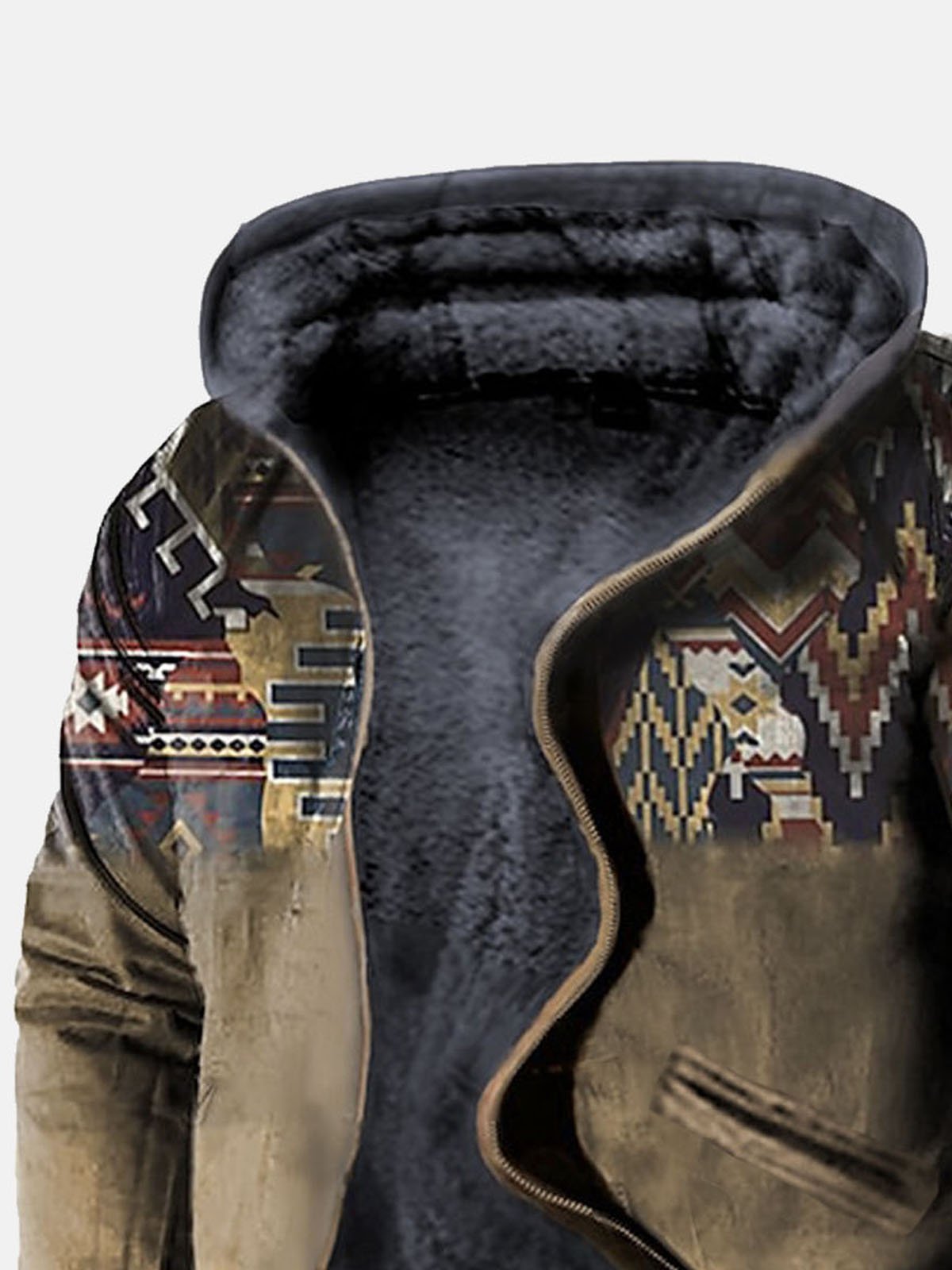 JoyMitty Vintage Aztec Khaki Men's Drawstring Hoodies Stretch Warm Fleece Ethnic Geometric Art Pullover Sweatshirts