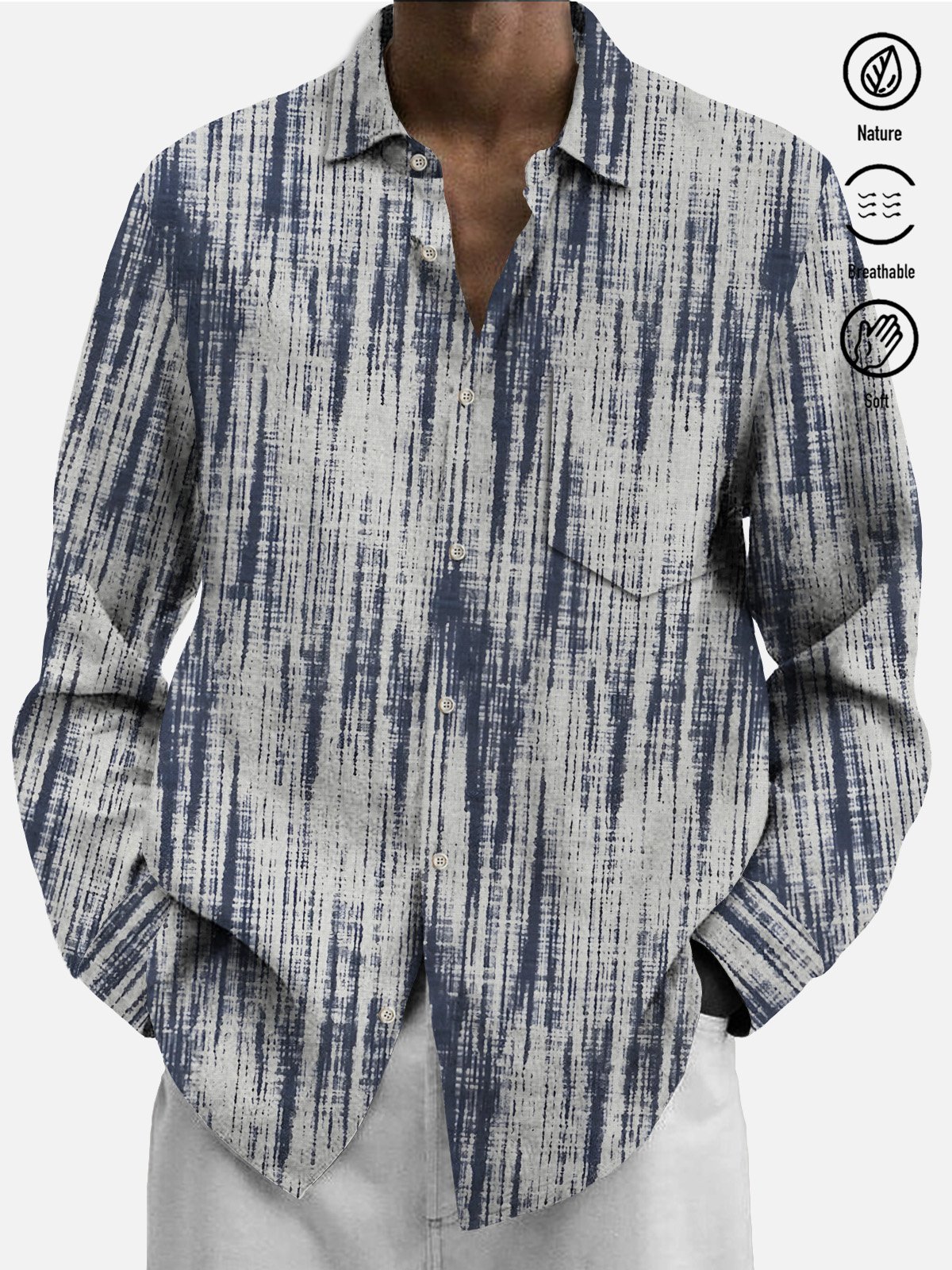 JoyMitty 50’s Retro Textured Gray Men's Casual Long Sleeve Shirts Stretch Aloha Camp Button Pocket Art Shirts
