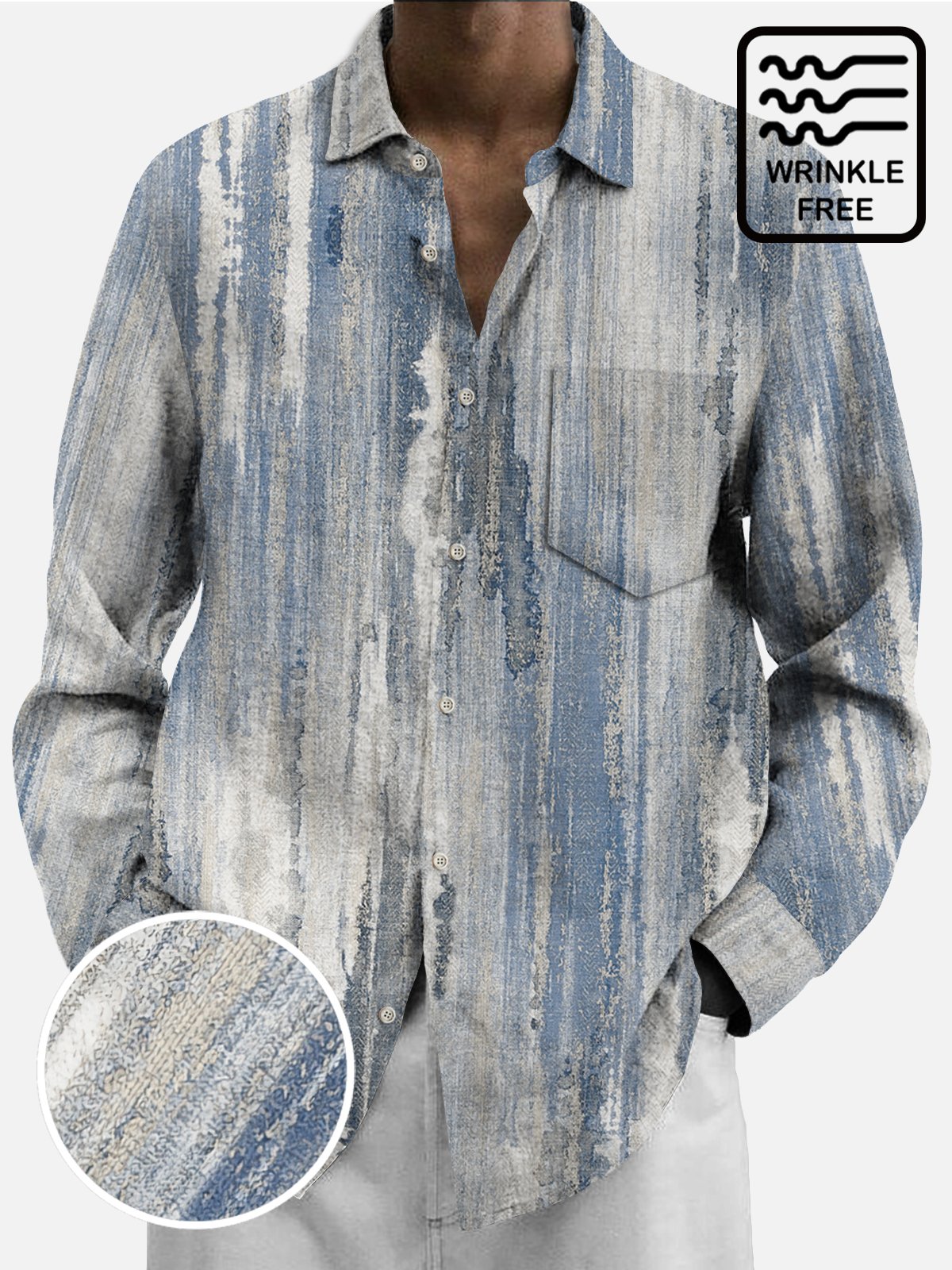 JoyMitty 50’s Vintage Textured Light Blue Men's Casual Long Sleeve Shirts Stretch Aloha Camp Pocket Wrinkle Free Seersucker Shirts