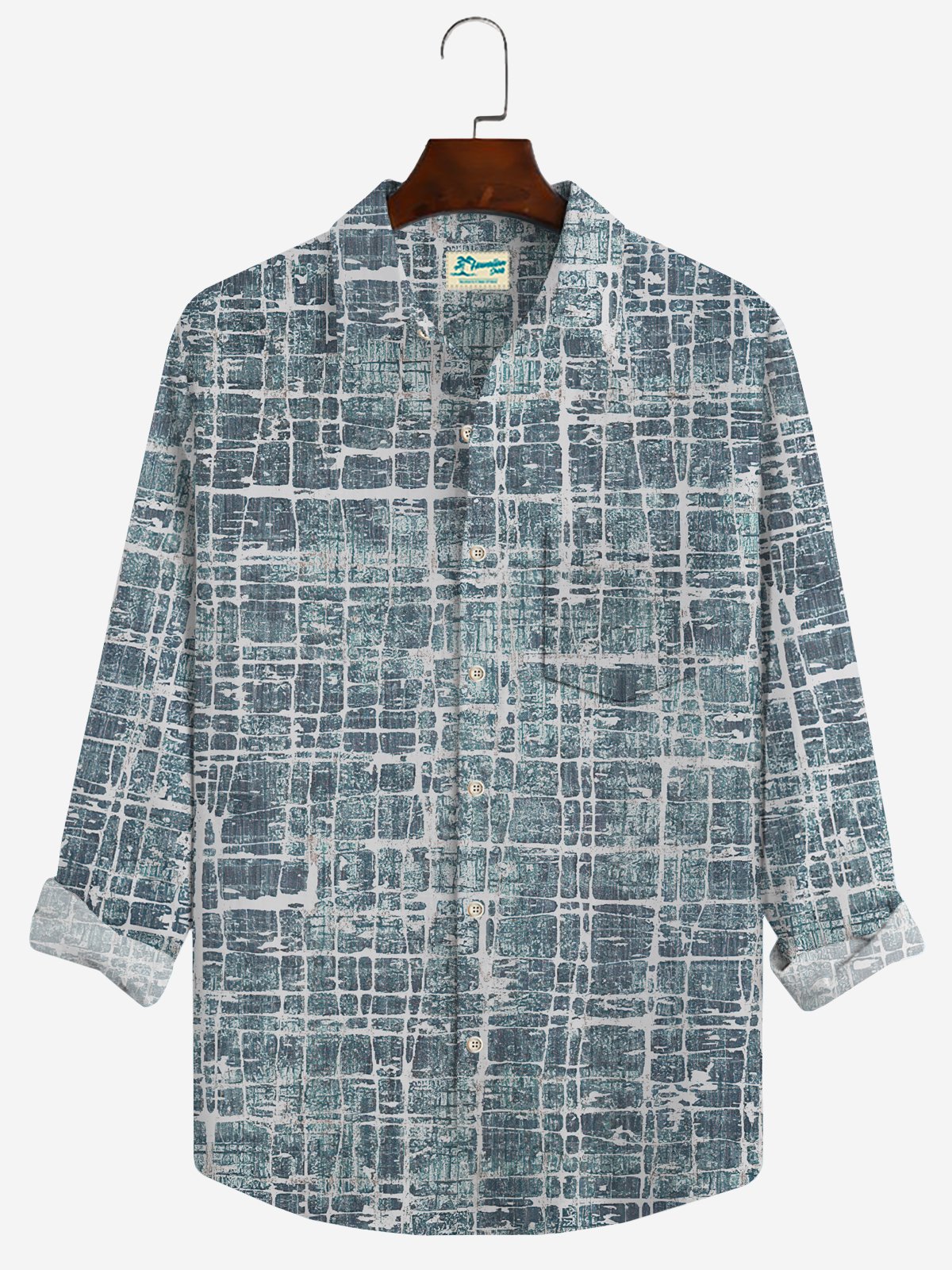 JoyMitty 50’s Vintage Check Blue Men's Casual Long Sleeve Shirts Stretch Wrinkle Free Seersucker Aloha Button Pocket Shirts