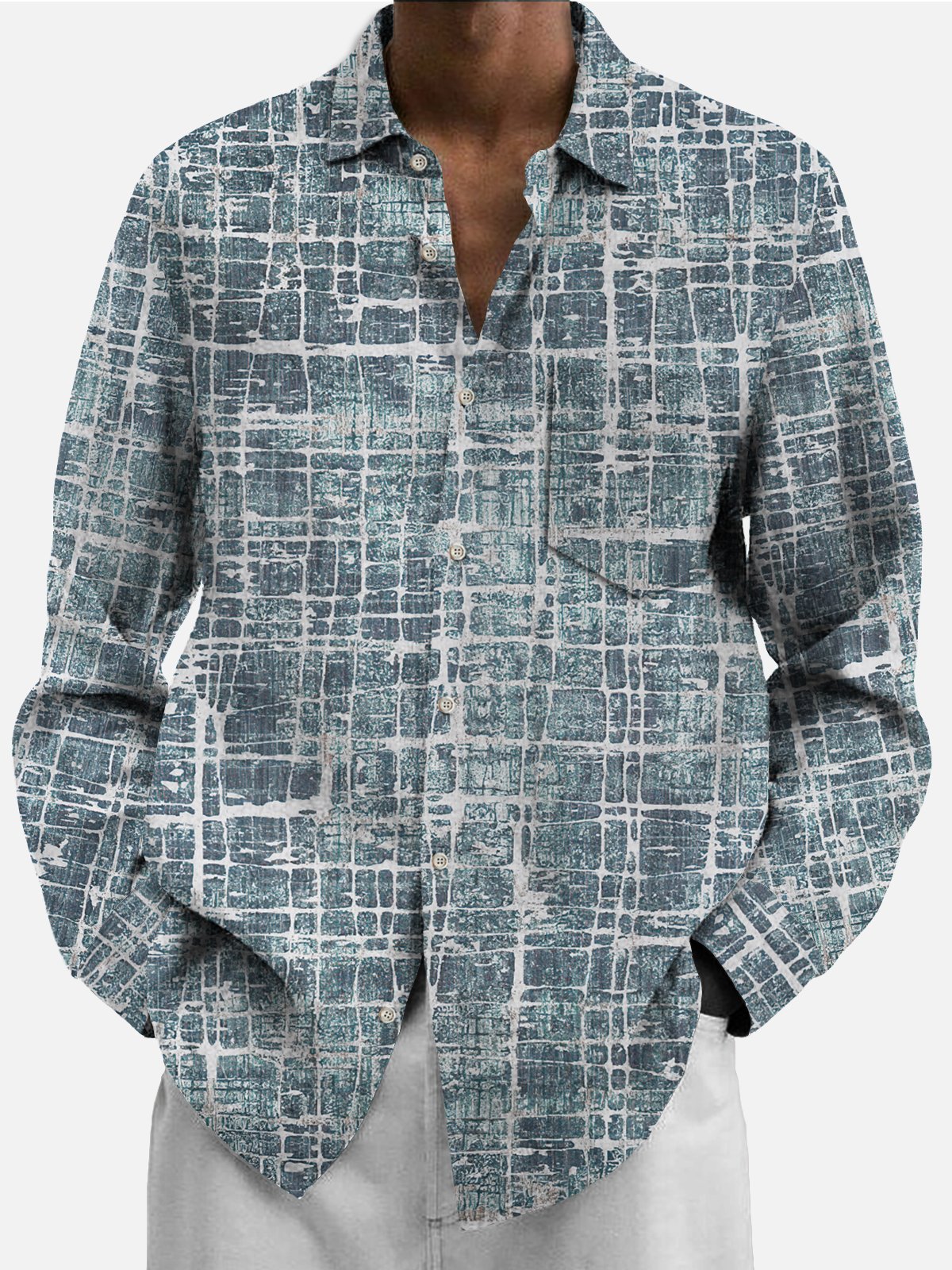 JoyMitty 50’s Vintage Check Blue Men's Casual Long Sleeve Shirts Stretch Wrinkle Free Seersucker Aloha Button Pocket Shirts