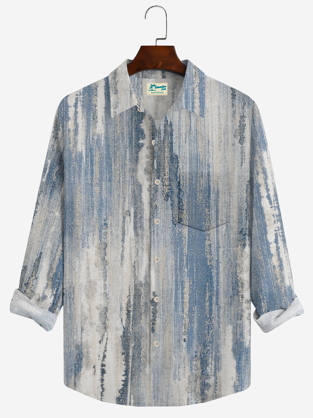 JoyMitty 50’s Vintage Textured Light Blue Men's Casual Long Sleeve Shirts Stretch Aloha Camp Pocket Wrinkle Free Seersucker Shirts