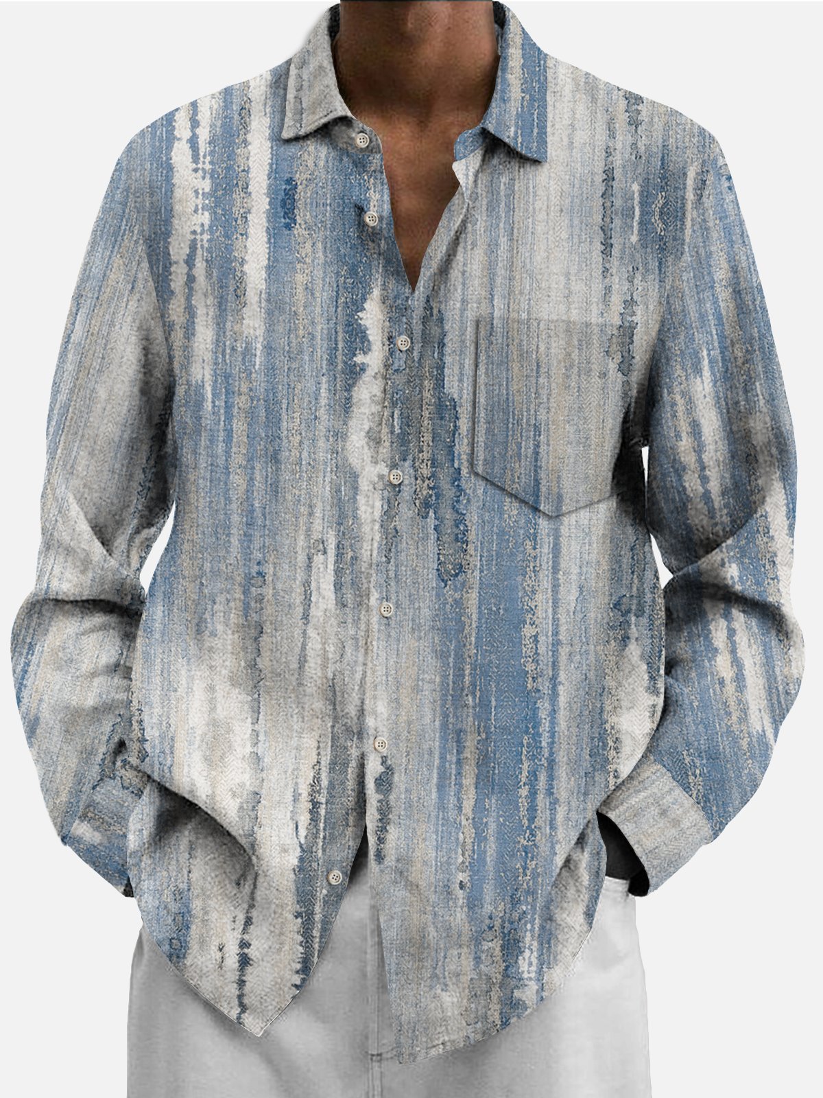 JoyMitty 50’s Vintage Textured Light Blue Men's Casual Long Sleeve Shirts Stretch Aloha Camp Pocket Wrinkle Free Seersucker Shirts