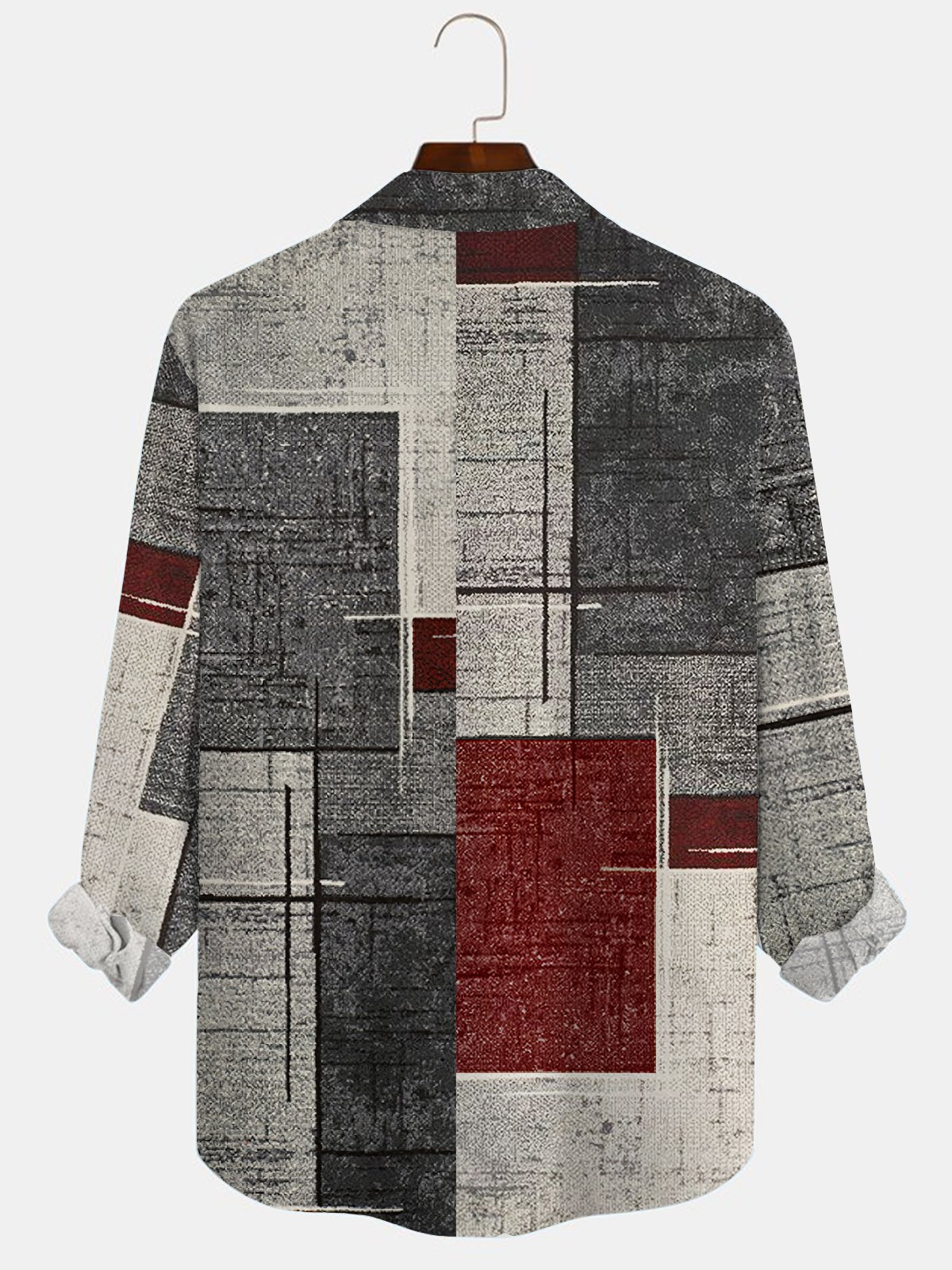 JoyMitty 50's Retro Mid-Century Geometric Art Red Men's  Long Sleeve Shirts Stretch Plus Size Aloha Camp Wrinkle Free Seersucker Shirts