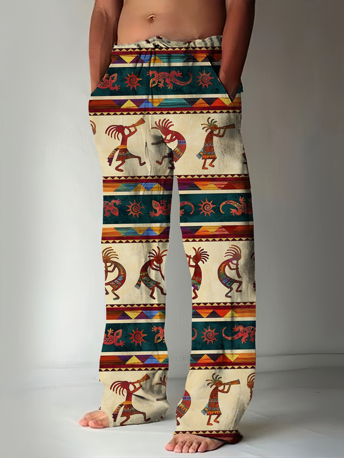 JoyMitty Aztec Art Retro Casual Pants Natural Fiber Stretch Plus Size Holiday Casual Trousers