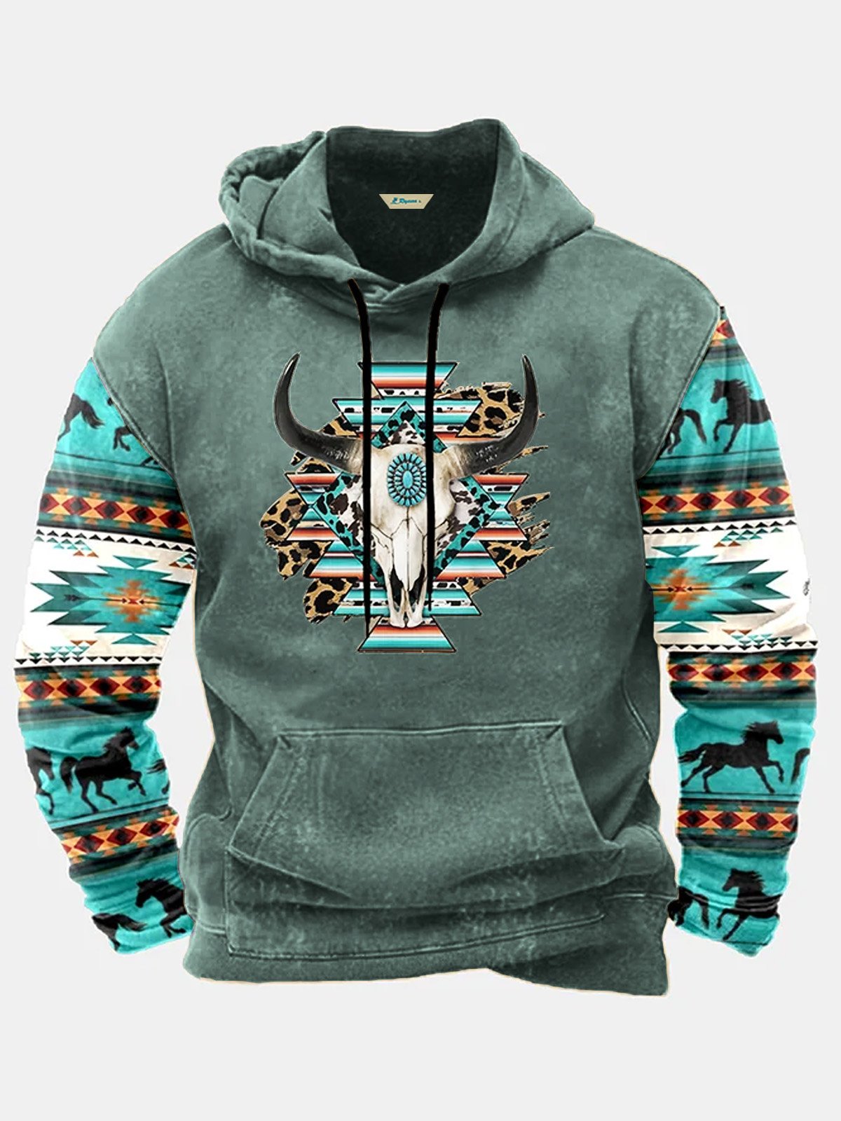 JoyMitty Men's Aztec Western Bull Skull Print Vintage Drawstring Hoodies