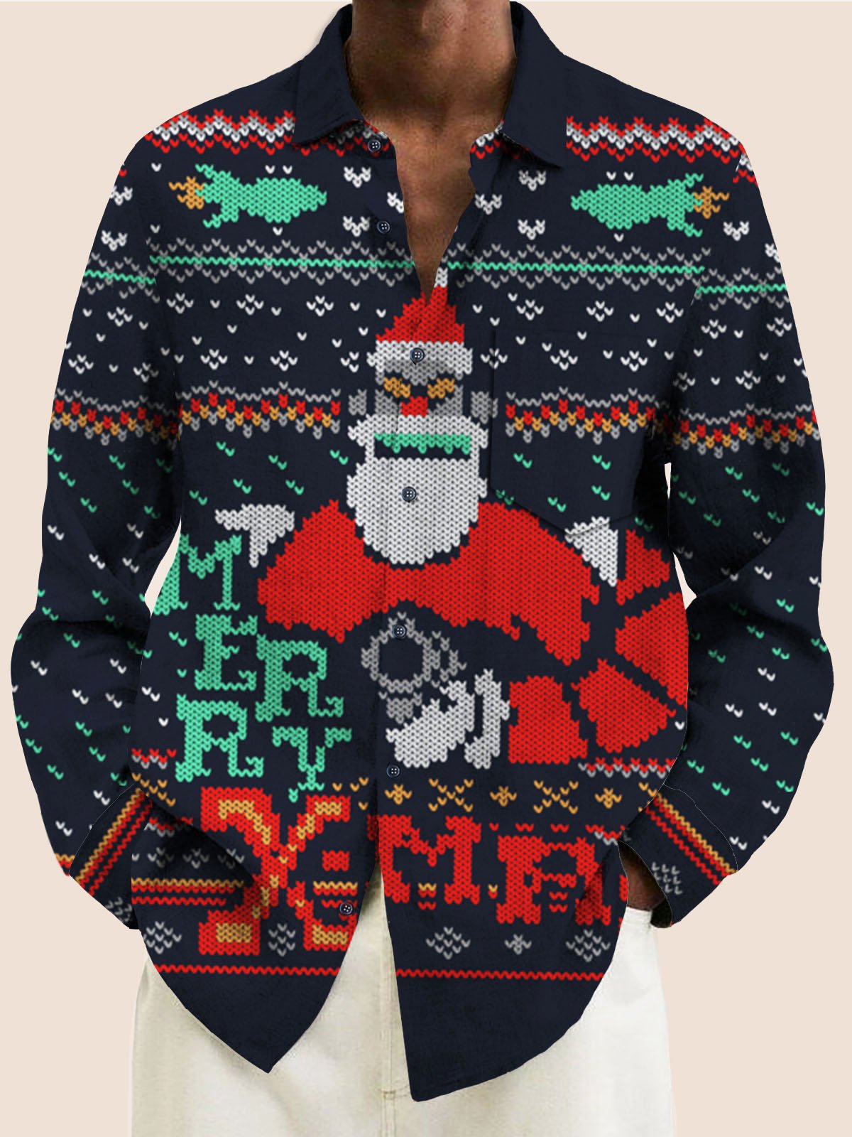 JoyMitty Christmas Holiday Navy Long Sleeve Casual Shirts Santa Claus Cartoon Art Camp Button Shirts