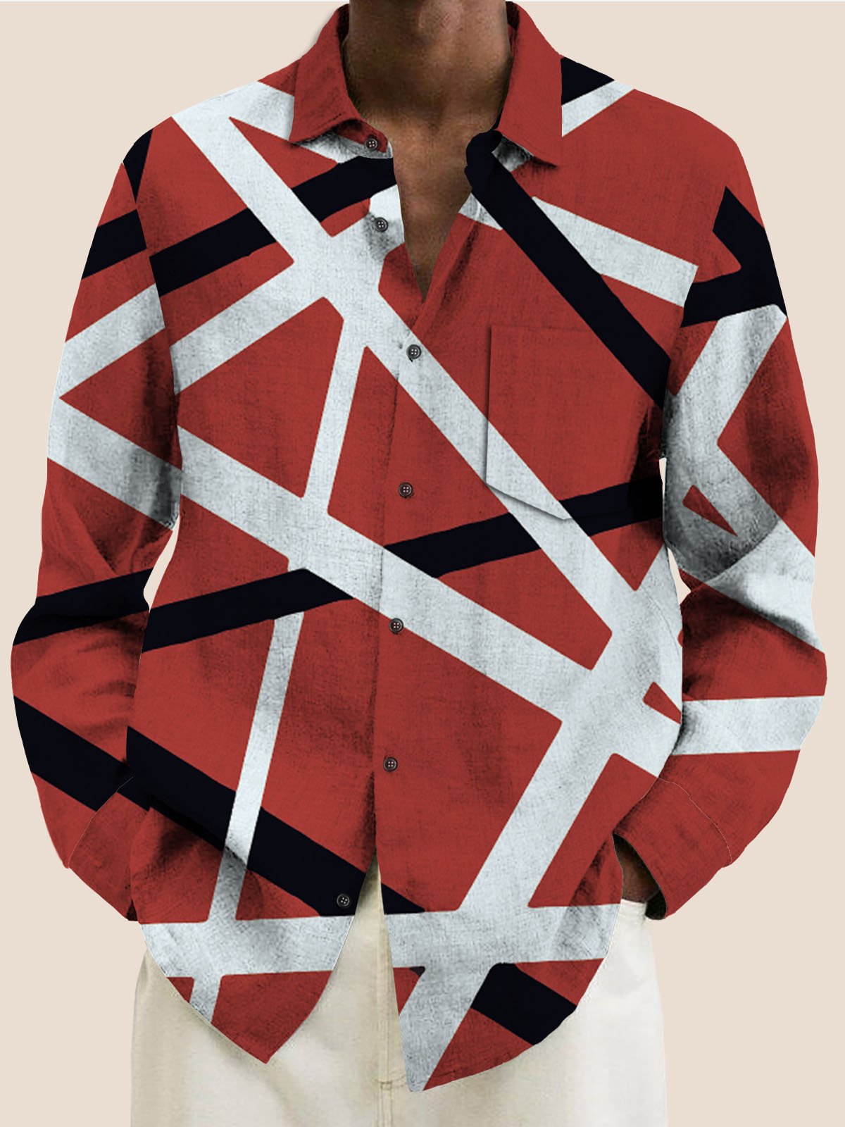 JoyMitty 50’s Retro Rock Music Geometric Art Men's Casual Long Sleeve Shirts Stretch Plus Size Aloha Camp Pocket Shirts