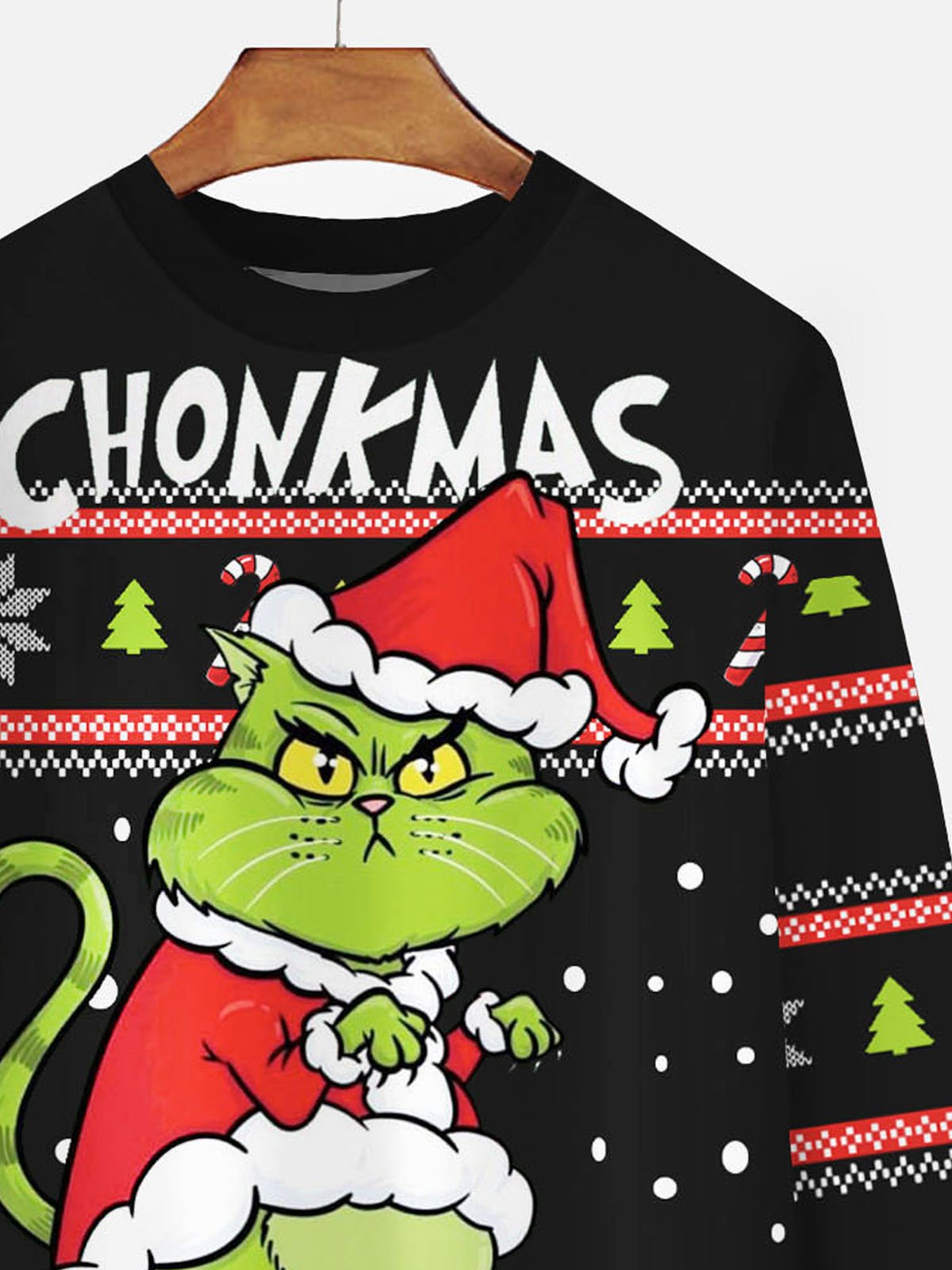 JoyMitty Christmas Fun Cartoon Green Cat Monster Men's Round Neck Sweatshirt Large Size Stretch Art Ugly Pattern Pullover Sweatshirts