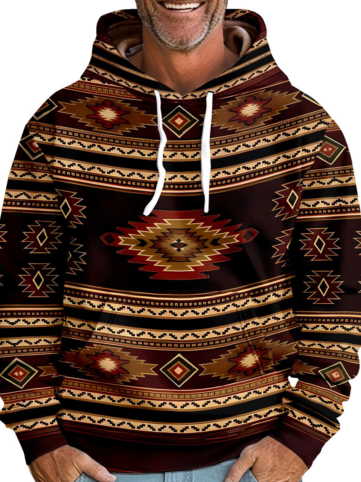 JoyMitty Vintage Aztec Geometric Brown Men's Drawstring Hoodies Stretch Plus Size Outdoor Camp Pocket Pullover Sweatshirts