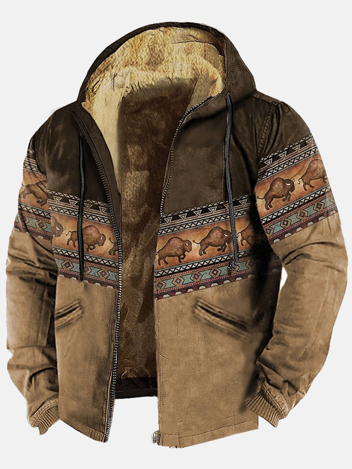 JoyMitty Vintage Aztec Khaki Men's Drawstring Hoodies Stretch Warm Fleece Ethnic Geometric Art Pullover Sweatshirts