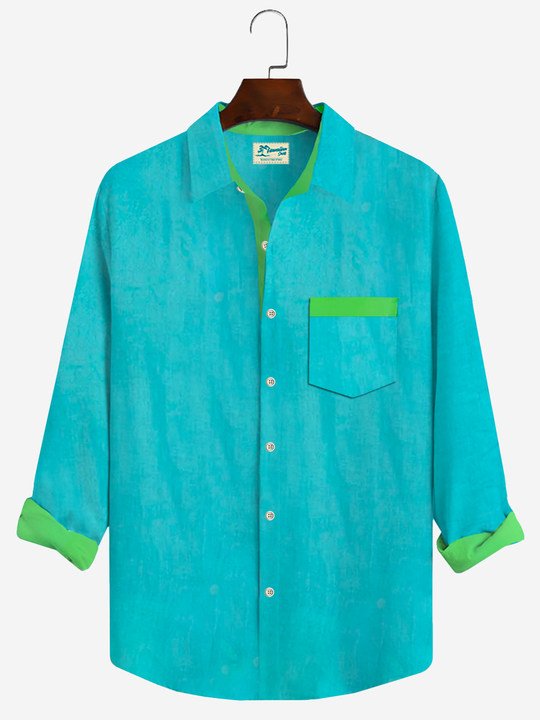 JoyMitty Solid Color Contrast Print Men's Button Pocket Long Sleeve Shirt