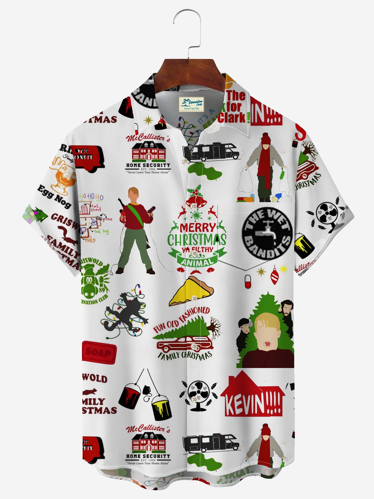 Home Alone Men's Hawaiian Print Resort Shirt Stretch Aloha Pocket Cartoon Camping Shirt