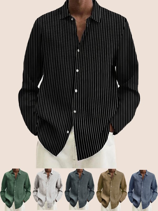 JoyMitty Basic Black and White Striped Men's Casual Long Sleeve Shirts Stretch Plus Size Aloha Camp Pocket Shirts