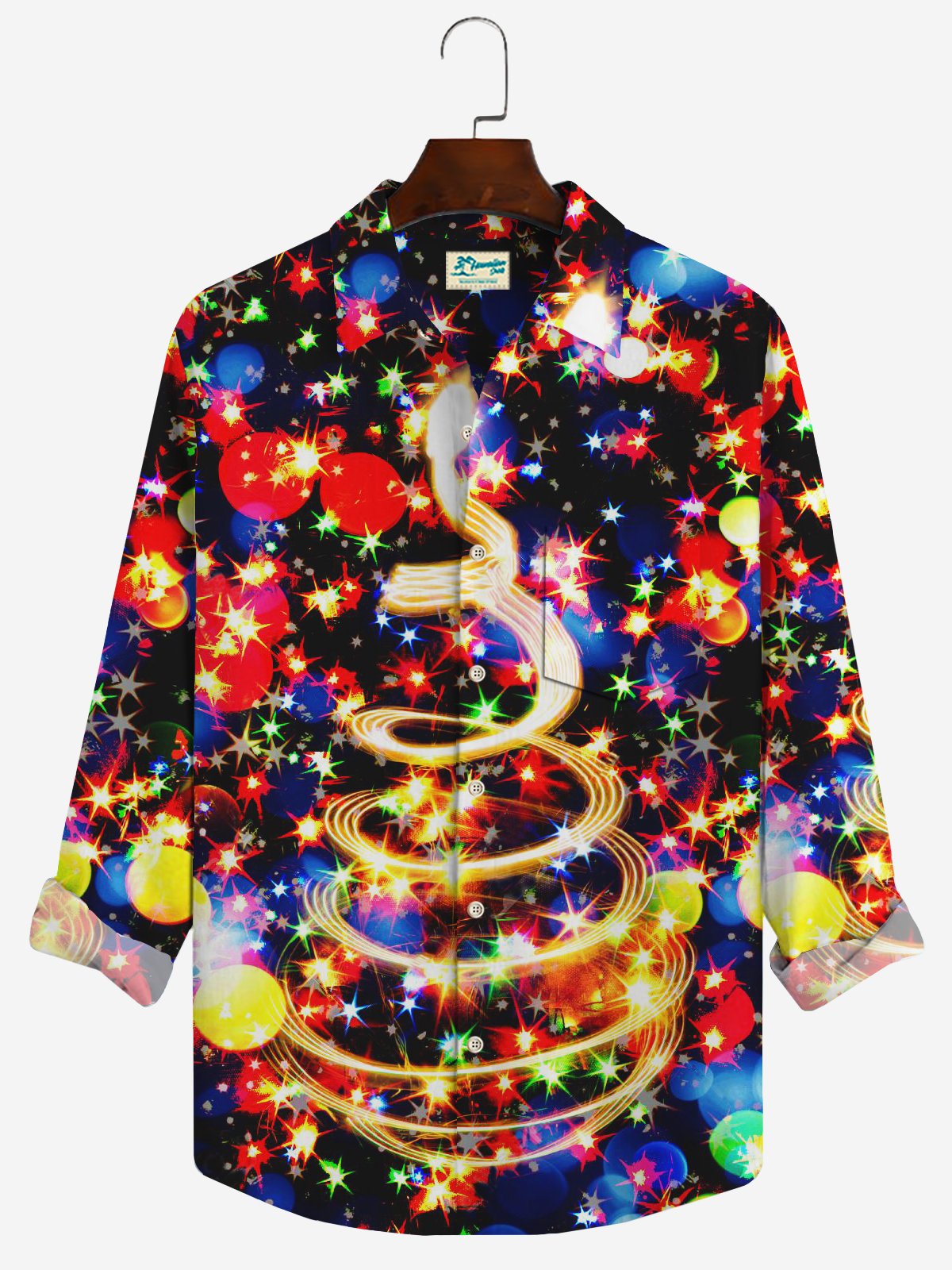 Christmas Neon Men's Printed Holiday Shirt Stretch Aloha Pocket Cartoon Camping Shirt