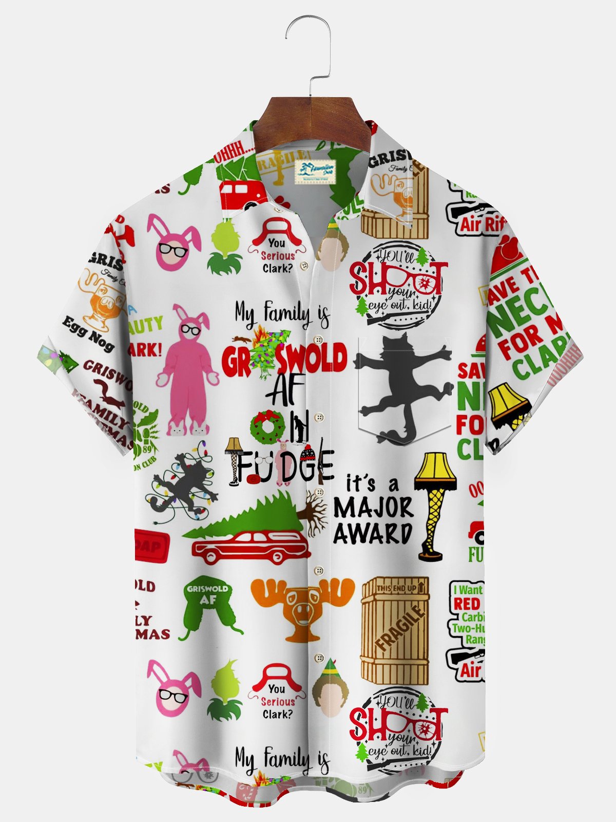 Christmas Story Men's Hawaiian Print Resort Shirt Stretch Aloha Pocket Cartoon Camping Shirt