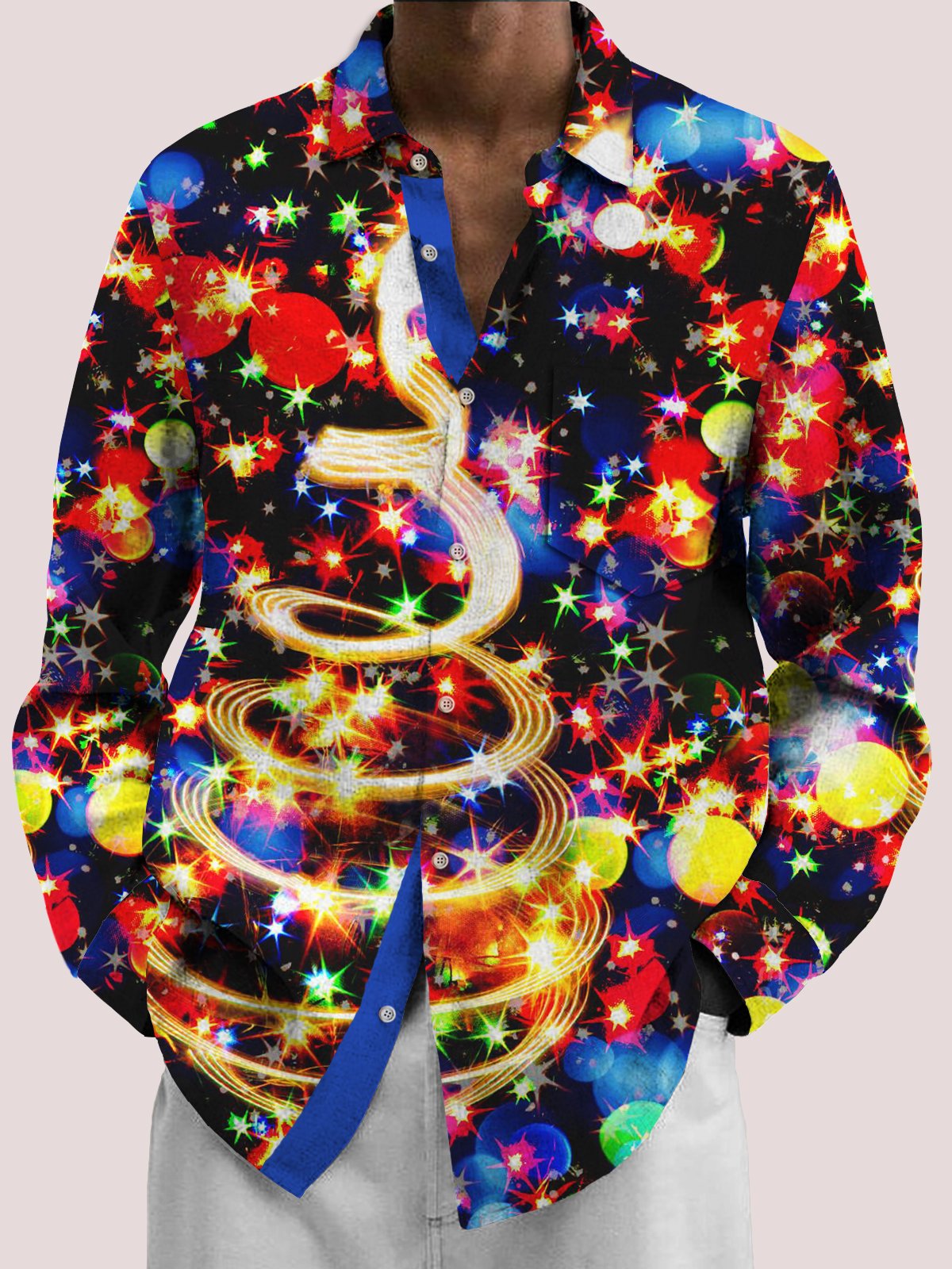 Christmas Neon Men's Printed Holiday Shirt Stretch Aloha Pocket Cartoon Camping Shirt