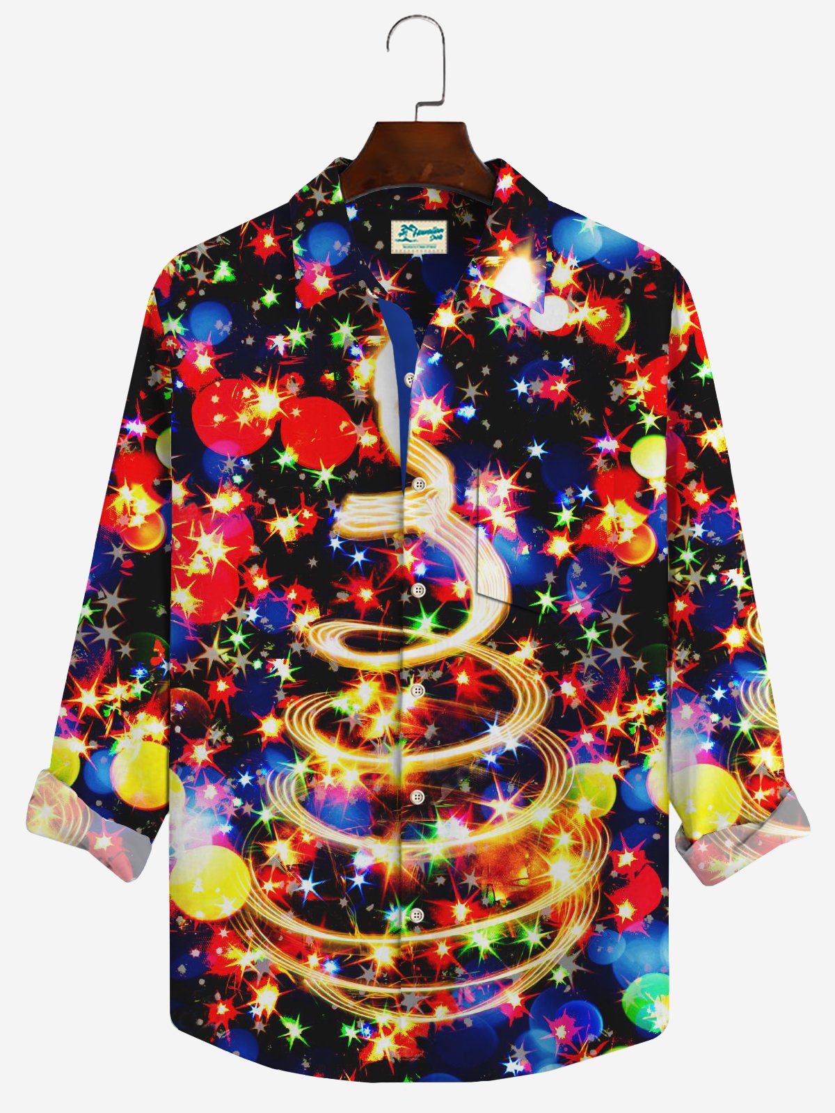 Christmas Neon Men's Printed Holiday Shirt Stretch Aloha Pocket Cartoon Camping Shirt