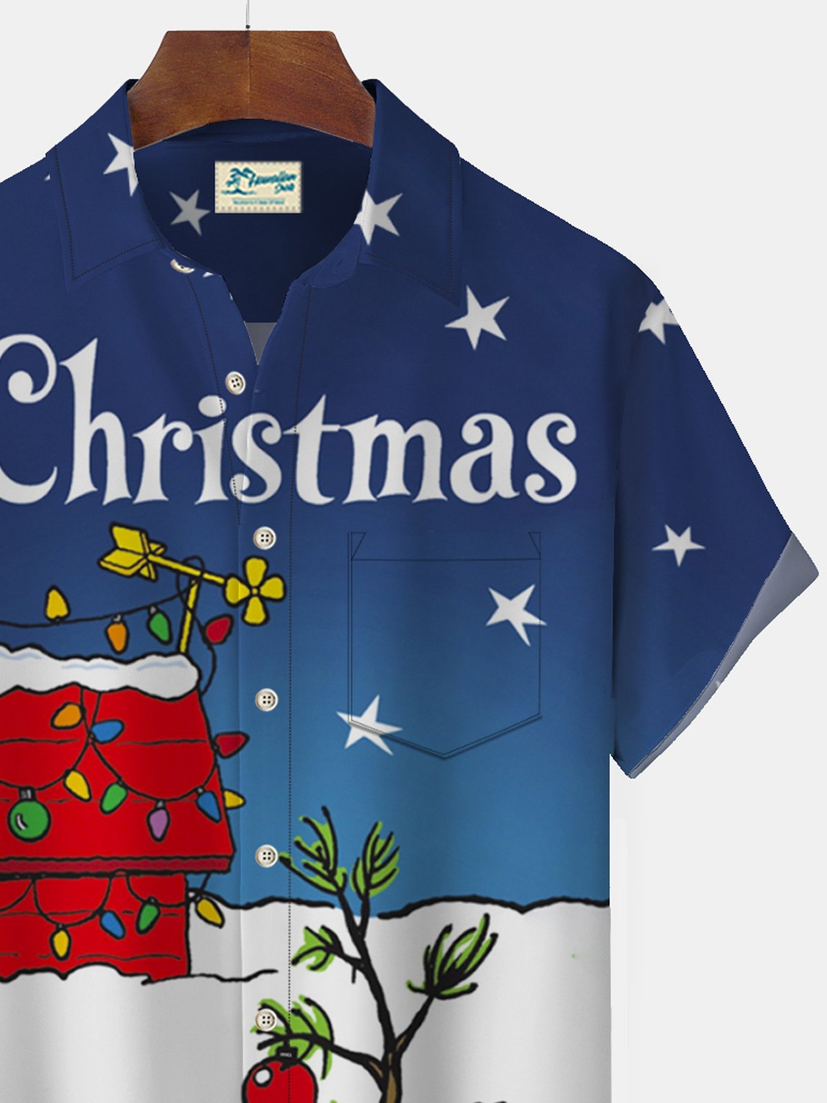 Christmas Holiday Blue Men's Shirts Cartoon Art Christmas Tree Lights Stretch Pocket Hawaiian Shirts Big Tall