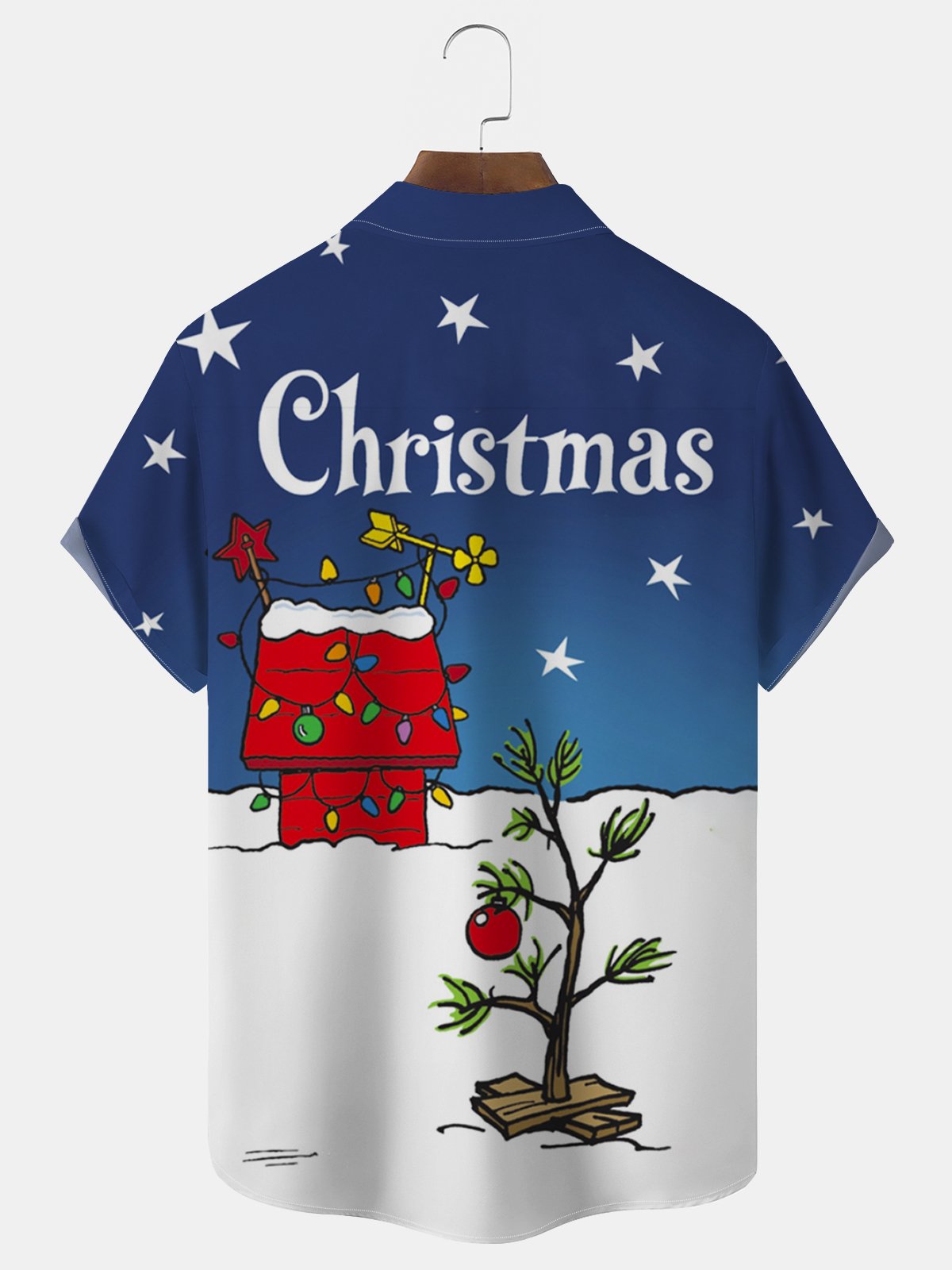Christmas Holiday Blue Men's Shirts Cartoon Art Christmas Tree Lights Stretch Pocket Hawaiian Shirts Big Tall