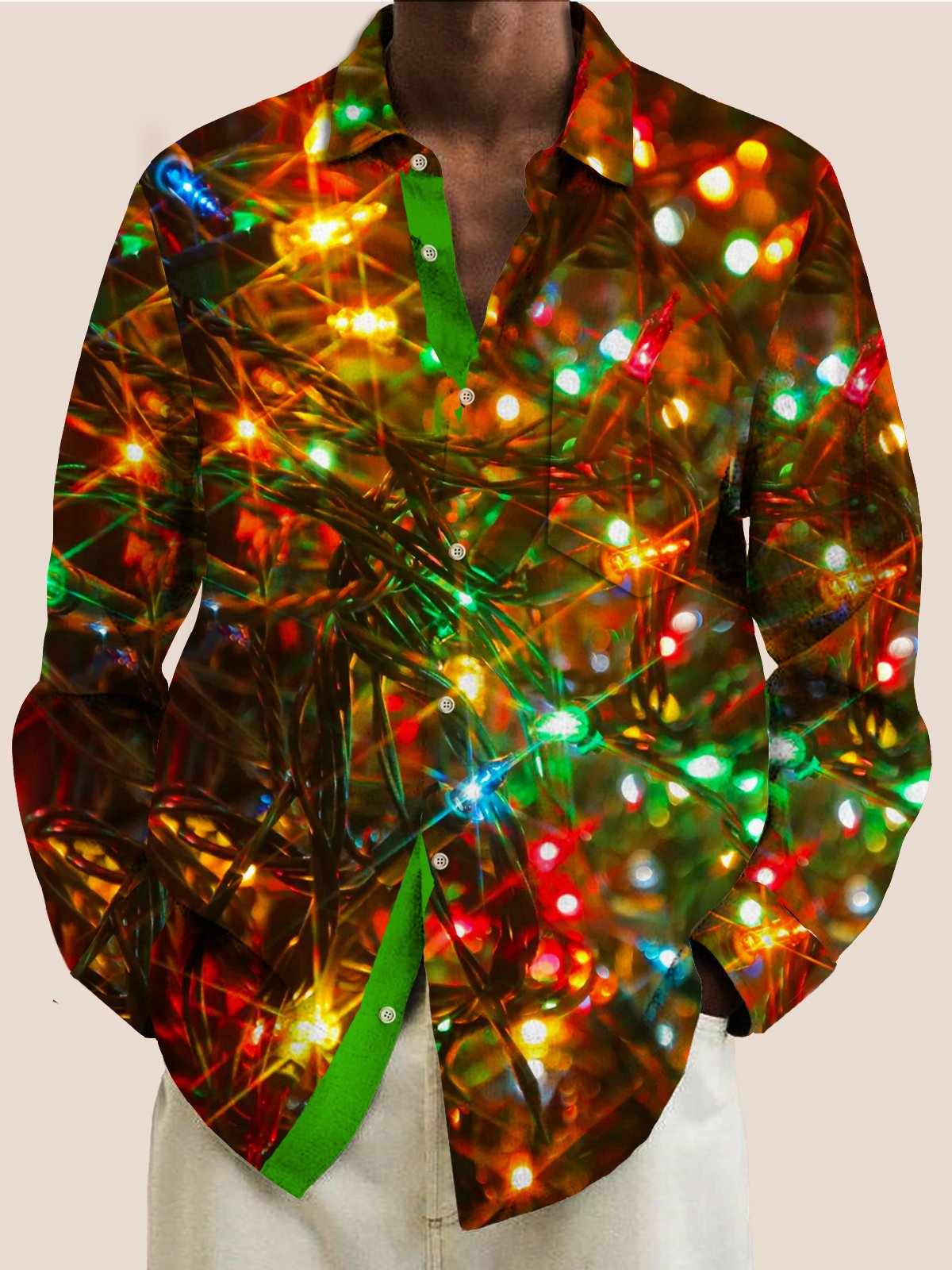 Christmas Holiday Brown Men's Art Shirts Cartoon Christmas Lights Warm Comfortable Stretch Pocket Shirts