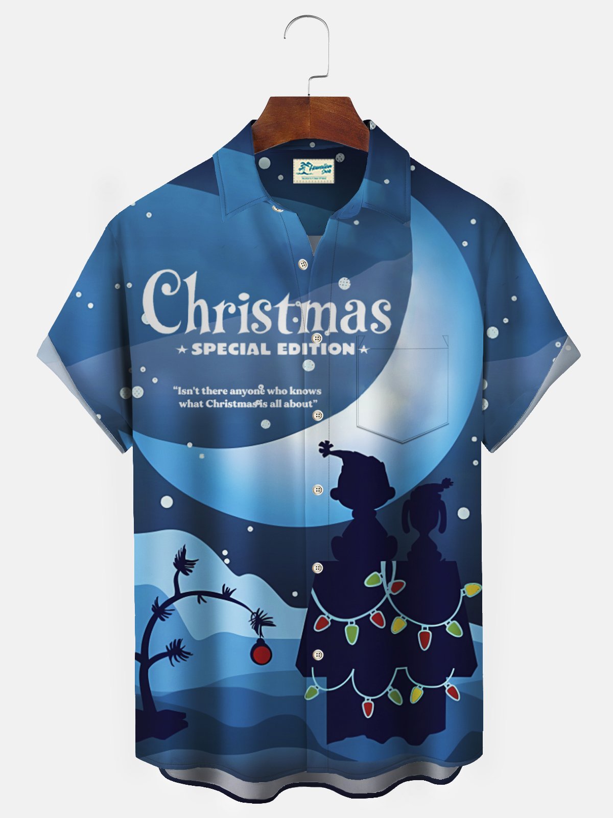 Christmas Holiday Cartoon Blue Men's Shirts Stretch Art Christmas Tree Fun Camp Pocket Shirts
