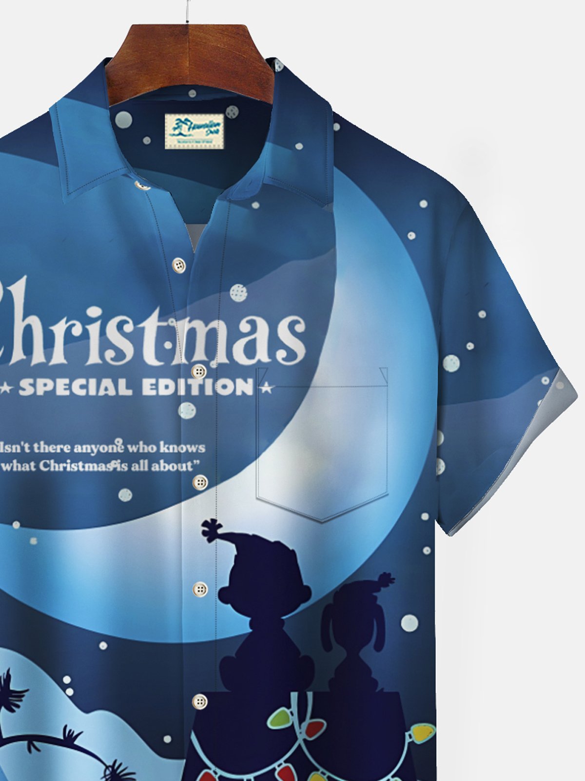 Christmas Holiday Cartoon Blue Men's Shirts Stretch Art Christmas Tree Fun Camp Pocket Shirts