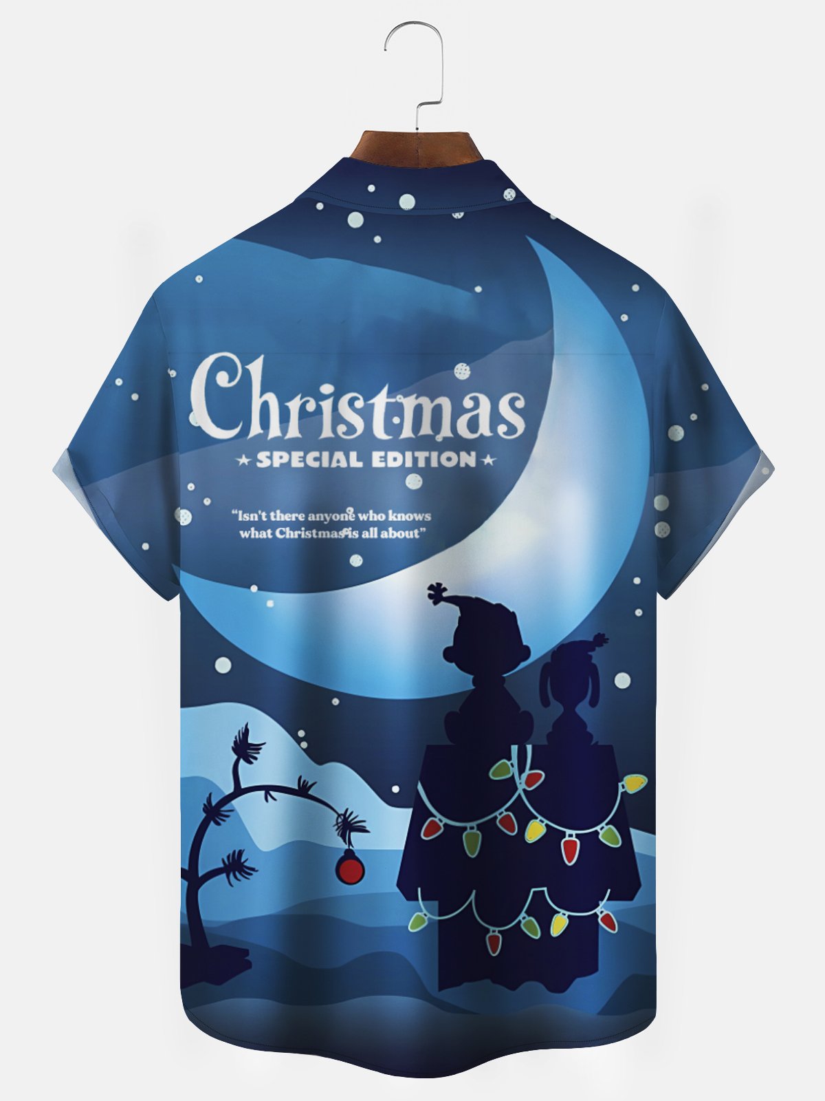 Christmas Holiday Cartoon Blue Men's Shirts Stretch Art Christmas Tree Fun Camp Pocket Shirts