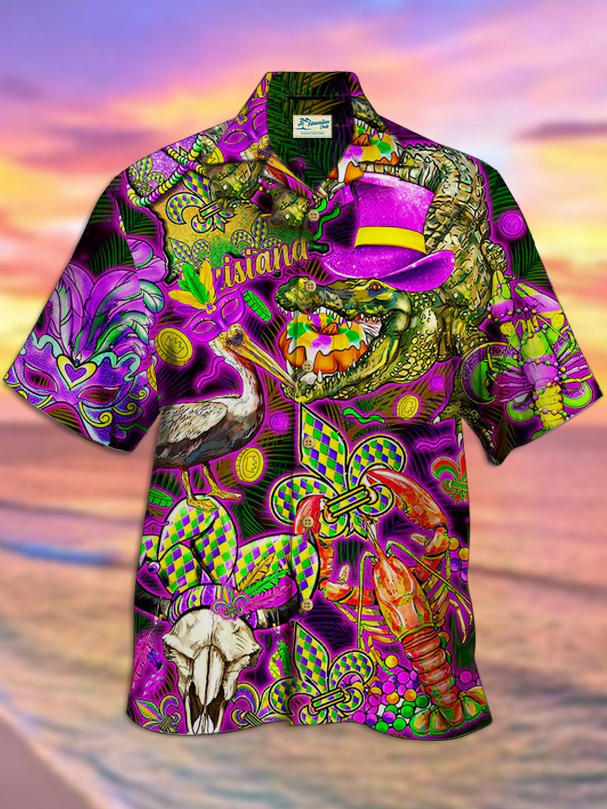 Mardi Gras Crocodile Lobster Print Aloha Hawaii Men's Button Pocket Shirt