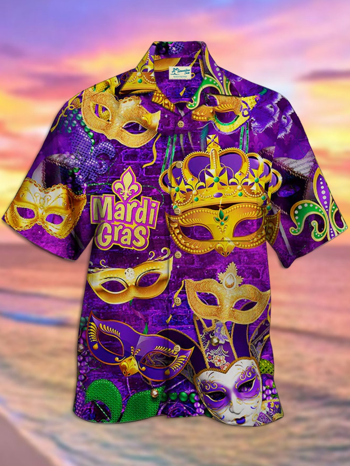 Mardi Gras Mardi Gras Mask Bead Print Aloha Hawaii Men's Button Pocket Shirt