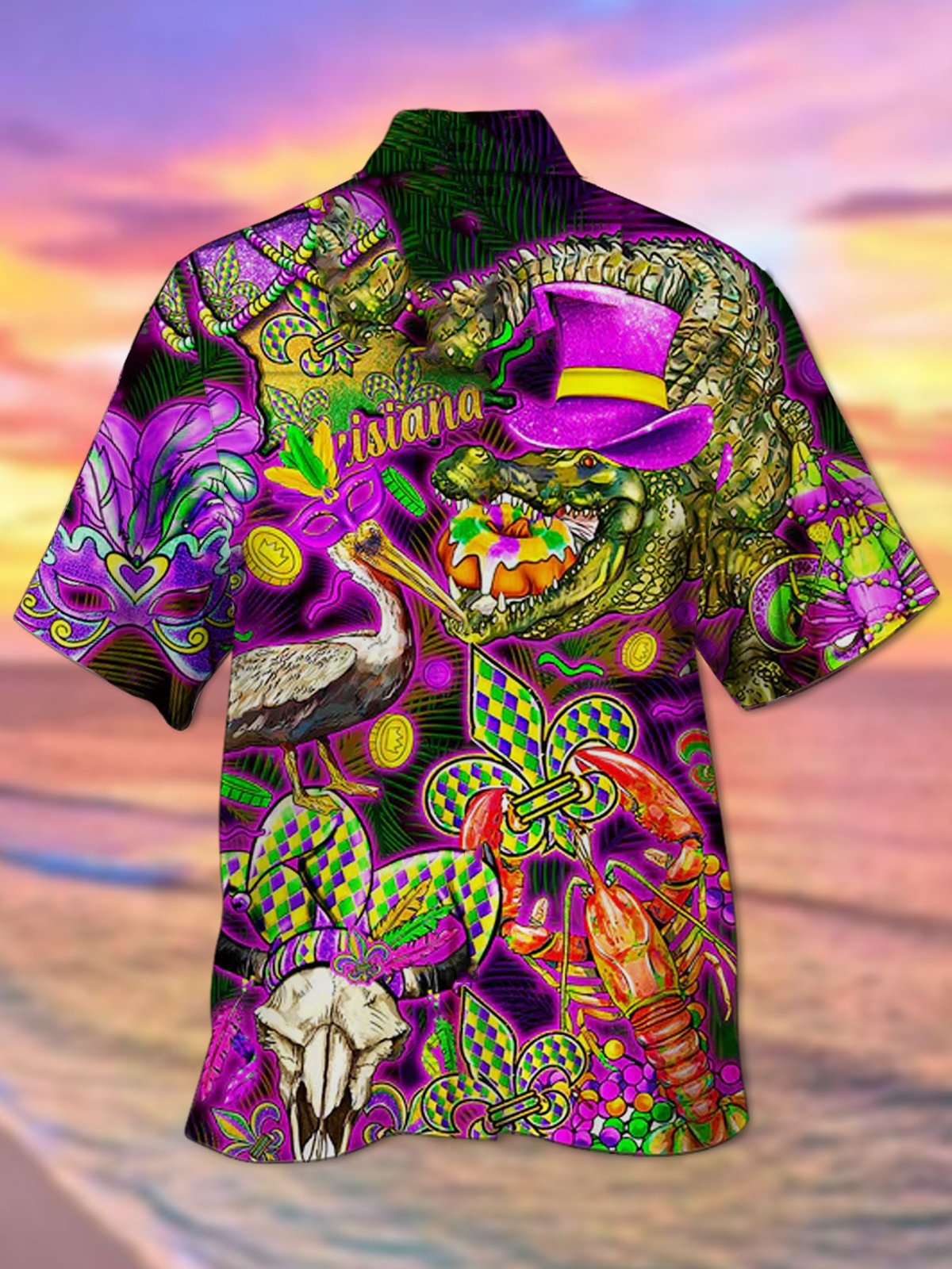 Mardi Gras Crocodile Lobster Print Aloha Hawaii Men's Button Pocket Shirt