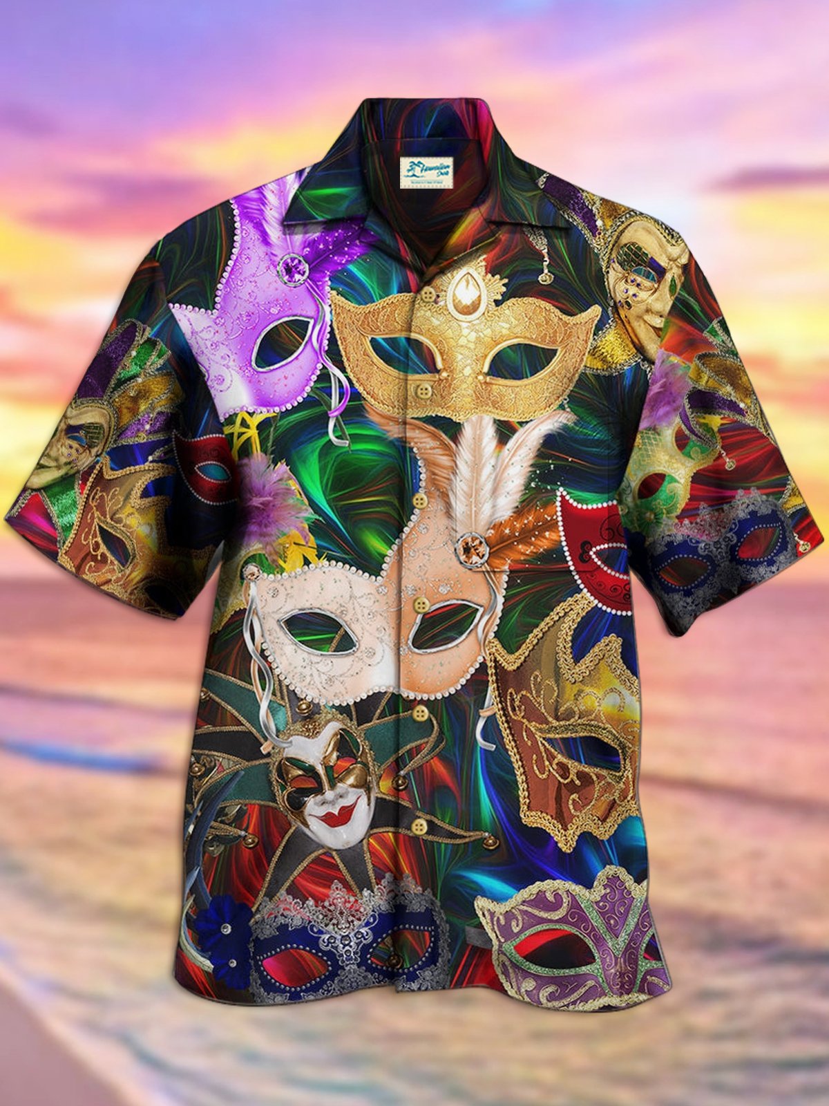 Mardi Gras Holiday Purple Men's Hawaiian Shirts Art Mask Fun Aloha Stretch Button Camping Pocket Shirt Big Tall