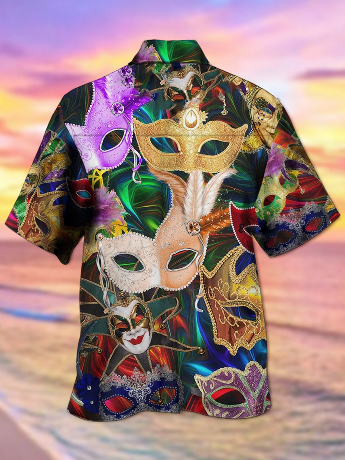Mardi Gras Holiday Purple Men's Hawaiian Shirts Art Mask Fun Aloha Stretch Button Camping Pocket Shirt Big Tall